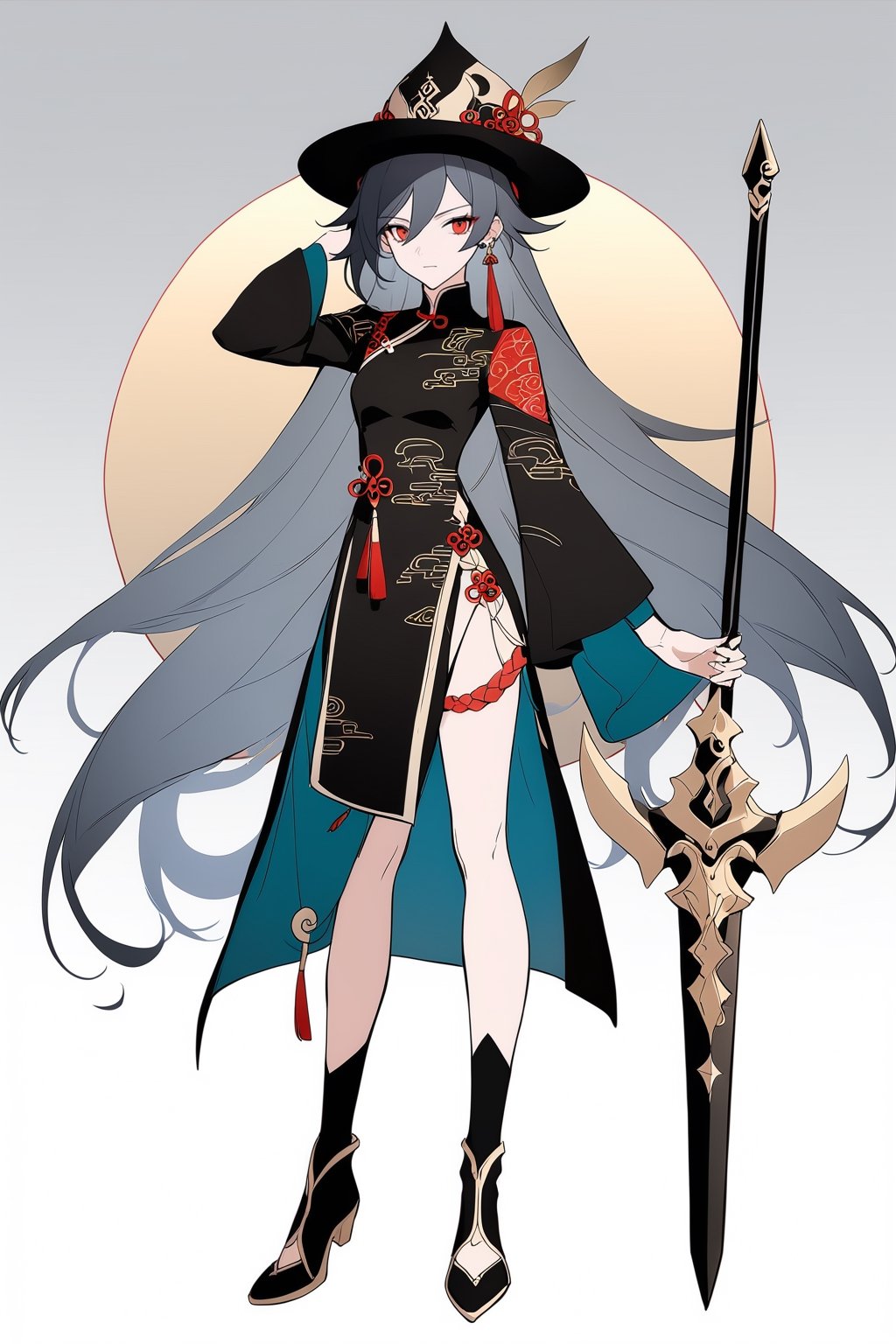 [[fu hua(Honkai Impact 3rd)]], (full body), nai3, 1girl, solo, artstyle,
1girl, solo, long hair, looking at viewer, black hair, long sleeves, hat, holding, jewelry, standing, full body, weapon, earrings, holding weapon, chinese clothes, polearm, spear, holding polearm