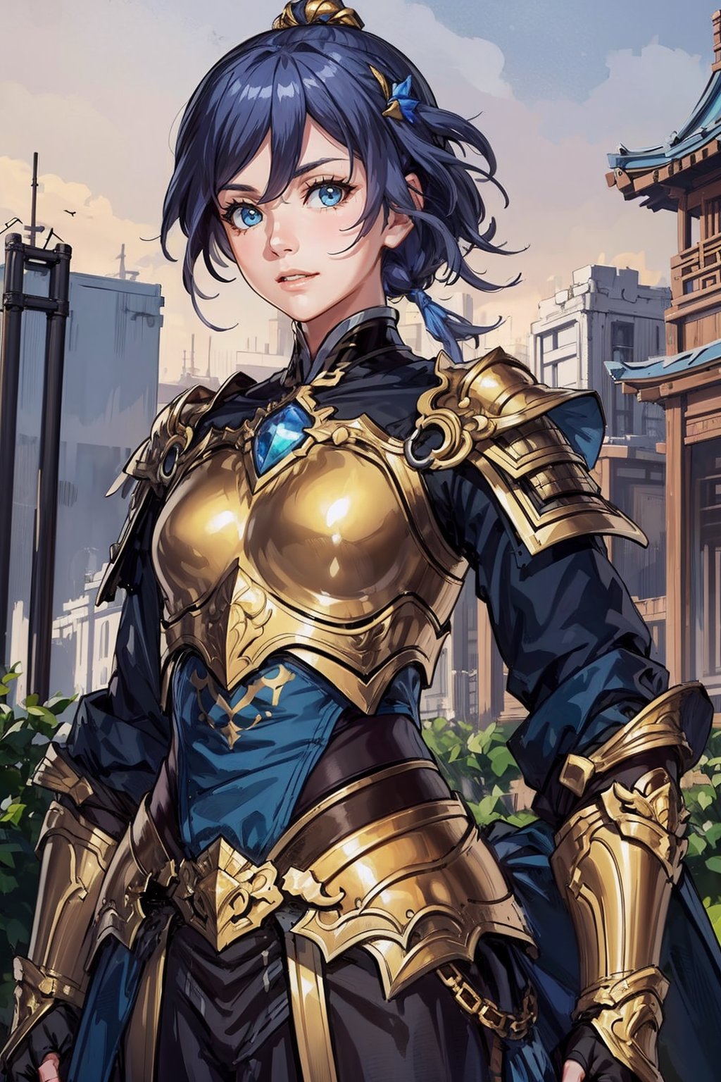 (looking at viewer:1.2), centered, (upper body), photography of a 22yo woman, masterpiece, | (beautiful detailed eyes:1.2), short hair, aqua hair color, light blue eyes, armored top, pauldrons, wide hips, lowleg armored pants, | sunset, bokeh, depth of field ,fu hua,(((female focus,armor,Chinese Armor,golden armor))),golden chain,(sanguozhi)