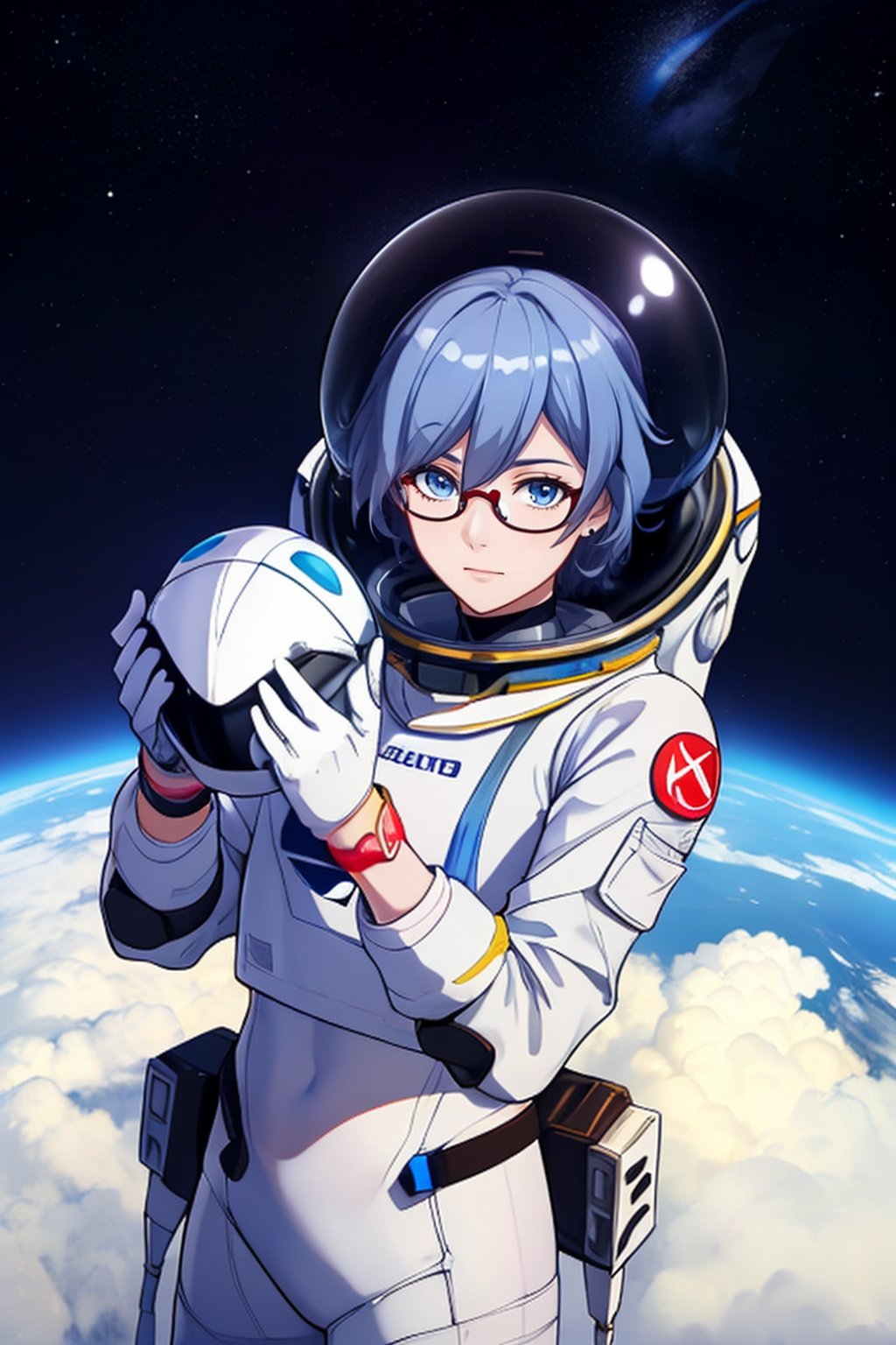 a beautiful girl in the sky from Mars, establishing herself in a spacesuit,fu hua,astronauts,space shuttle orbiter,holding the helmet,glasses