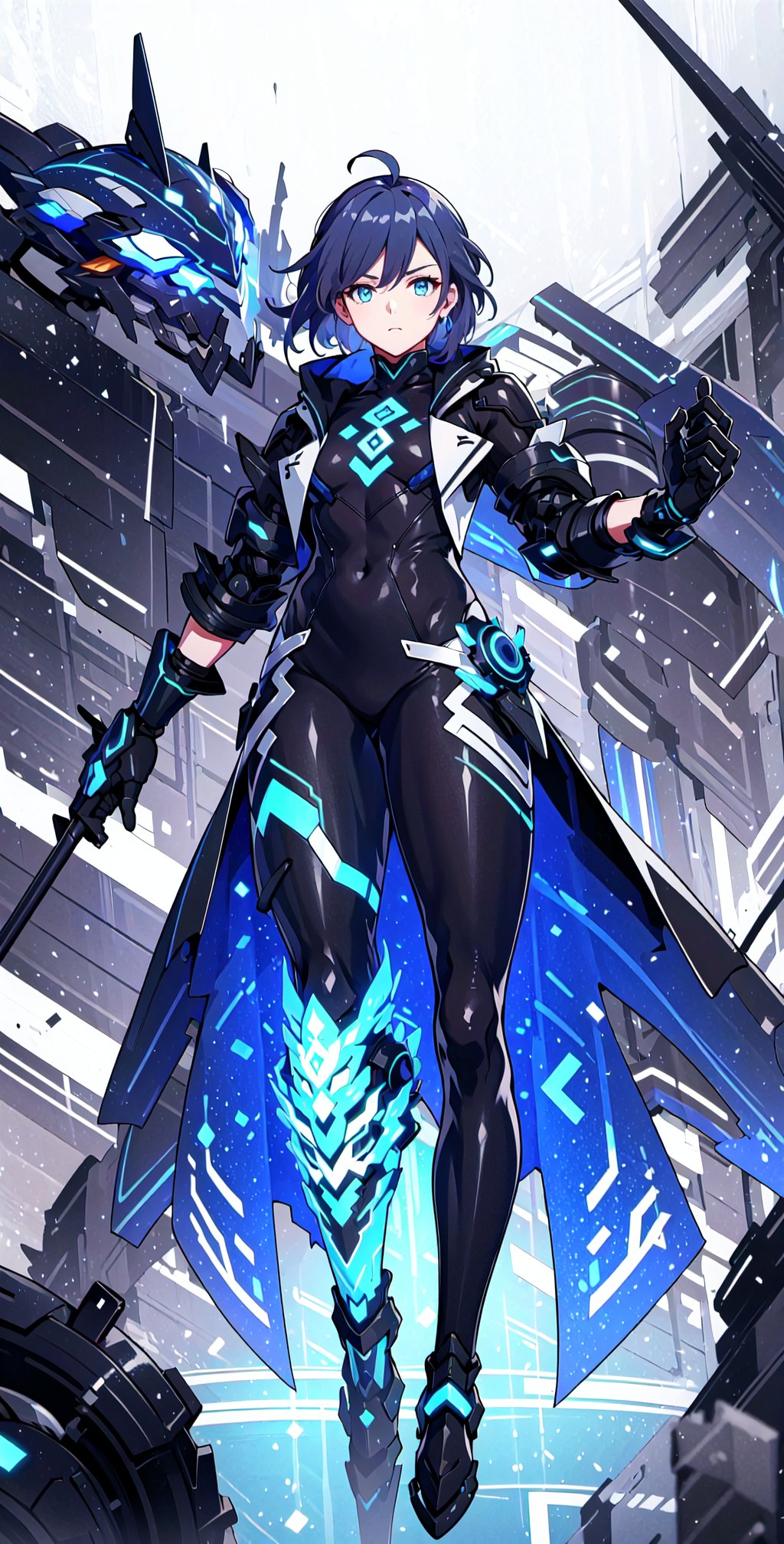 muscular mechanical body, glowing blue eyes, black-hair, leather long coat ,fu hua