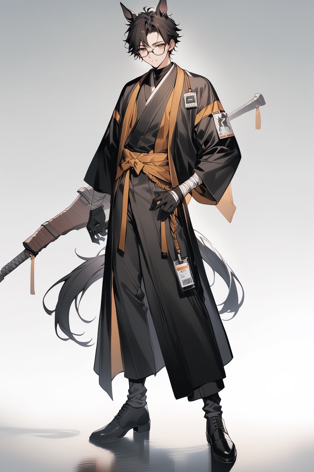 (full body), nai3, solo, artstyle,best quality,amazing quality,very aesthetic,absurdres,traditional media solo, looking at viewer,
,horse tail, full body,, male focus,,((( horse ears, brown eyes,hanfu))),18y.o.solo, looking at viewer, short hair, shirt, black hair, gloves, 1boy, white background, animal ears, standing, jacket, full body, weapon, male focus, glasses, black gloves, pants, black footwear, black jacket, bandages, black pants, id card