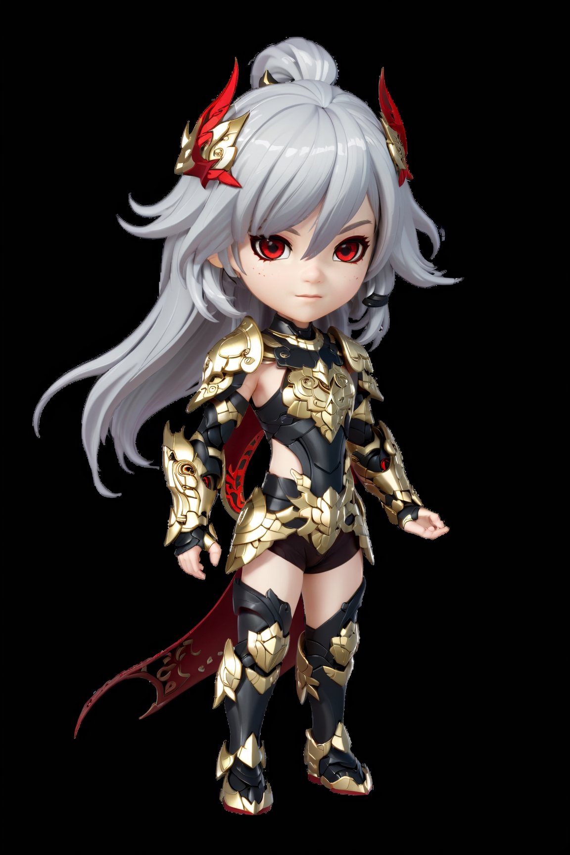 chibi, full body, (1girl, looking at viewer), white long hair, black metalic mechanical_armor, dynamic pose, delicate white filigree, intricate filigree, red metalic parts, intricate armor, detailed part, chibi style,3d style