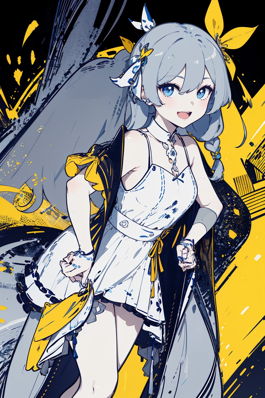 (masterpiece), 1girl, best quality, expressive eyes, perfect face,mature female, large breasts, braid, slim body, yellow eyes, hair ribbon, flat yellow color, lineart, abstract, flower, yellow theme, greyscale, monochrome, sleeveless dress, smile, open mouth, legs, hands on hips ,senti,kiana,lixue,fu hua\bengluo