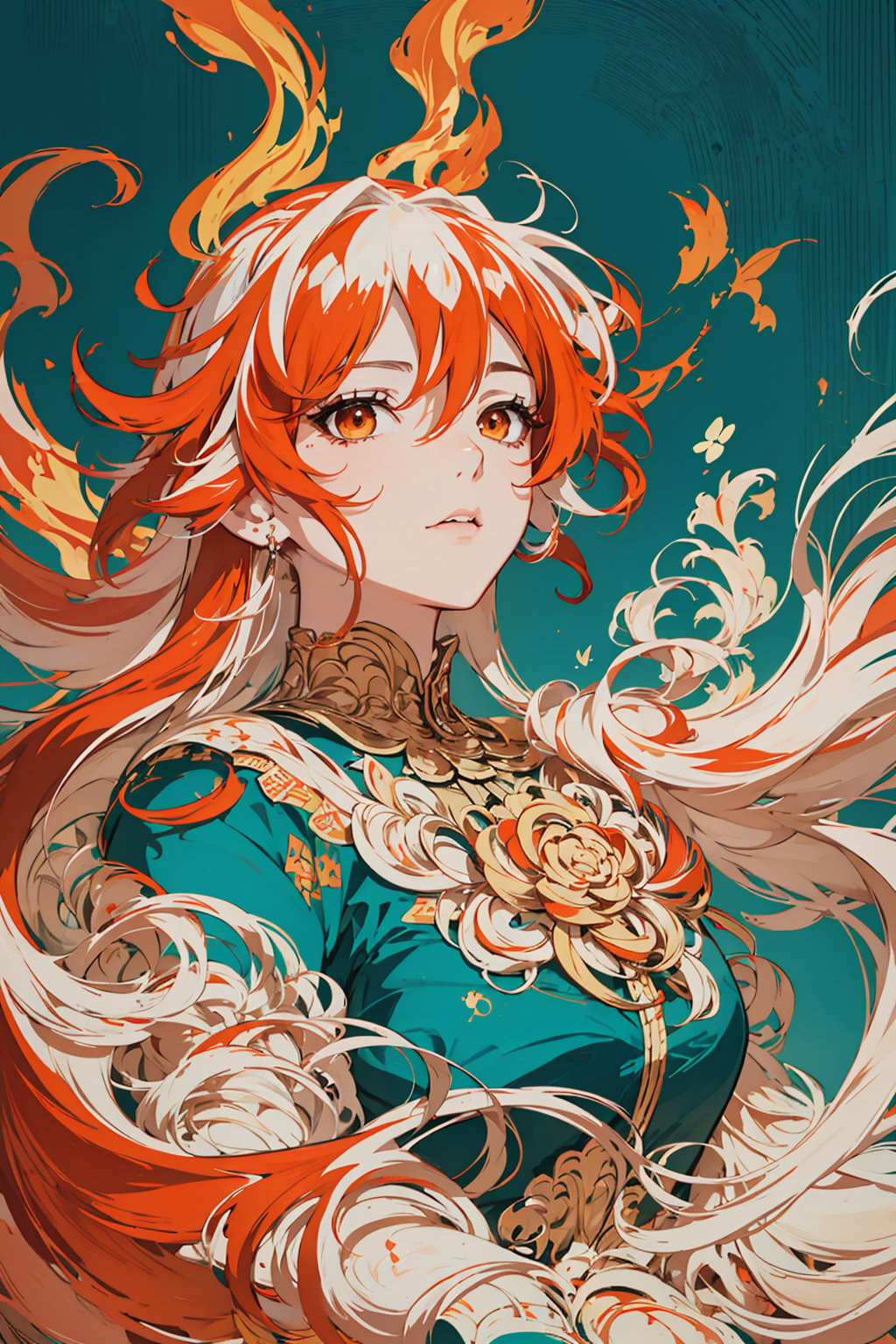 masterpiece, best quality, ultra high res, beautiful, elegant, graceful, award-winning art, 1girl, (style of Yuko Shimizu:1.4), (abstract art:1.2), style of rebecca guay, fu hua\bengluo, white_hair, orange_eyes, streaked_hair, fu hua, orange_hair, red_hair, fire, fiery_hair, hair_between_eyes, multicolored_hair, fu hua\bengluo, fiery_wings,fire, cloaked in flames, dark theme, visually stunning, gorgeous,cloud, fu hua\bengluo, 