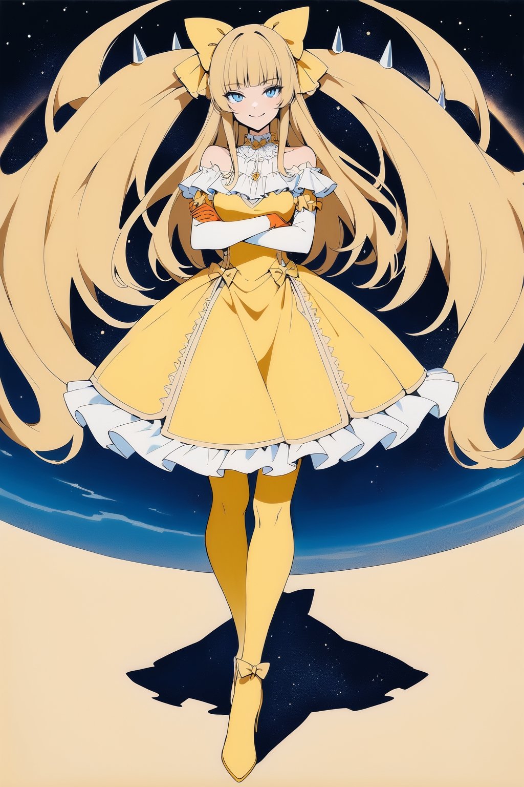 (full body), nai3, solo, artstyle,best quality,amazing quality,very aesthetic,absurdres,traditional media solo, looking at viewer,
1girl, solo, long hair, looking at viewer, smile, bangs, blue eyes, blonde hair, thighhighs, gloves, dress, bow, closed mouth, standing, full body, white shirt, hair bow, boots, frills, character name, high heels, parody, crossed arms, yellow bow, spikes, clenched hands, space, yellow dress
