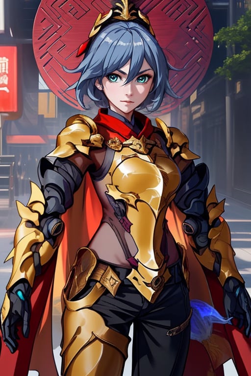 sanguozhi, solo,  cape, sword, facial hair, helmet,,(looking at viewer:1.2), centered, (upper body), photography of a 22yo woman, masterpiece, | (beautiful detailed eyes:1.2), short hair, aqua hair color, light blue eyes, armored top, pauldrons, wide hips, lowleg armored pants, | sunset, bokeh, depth of field ,fu hua,(((female focus,armor,Chinese Armor,golden armor))),fu hua,delicate\(armor\),MECHA,amour