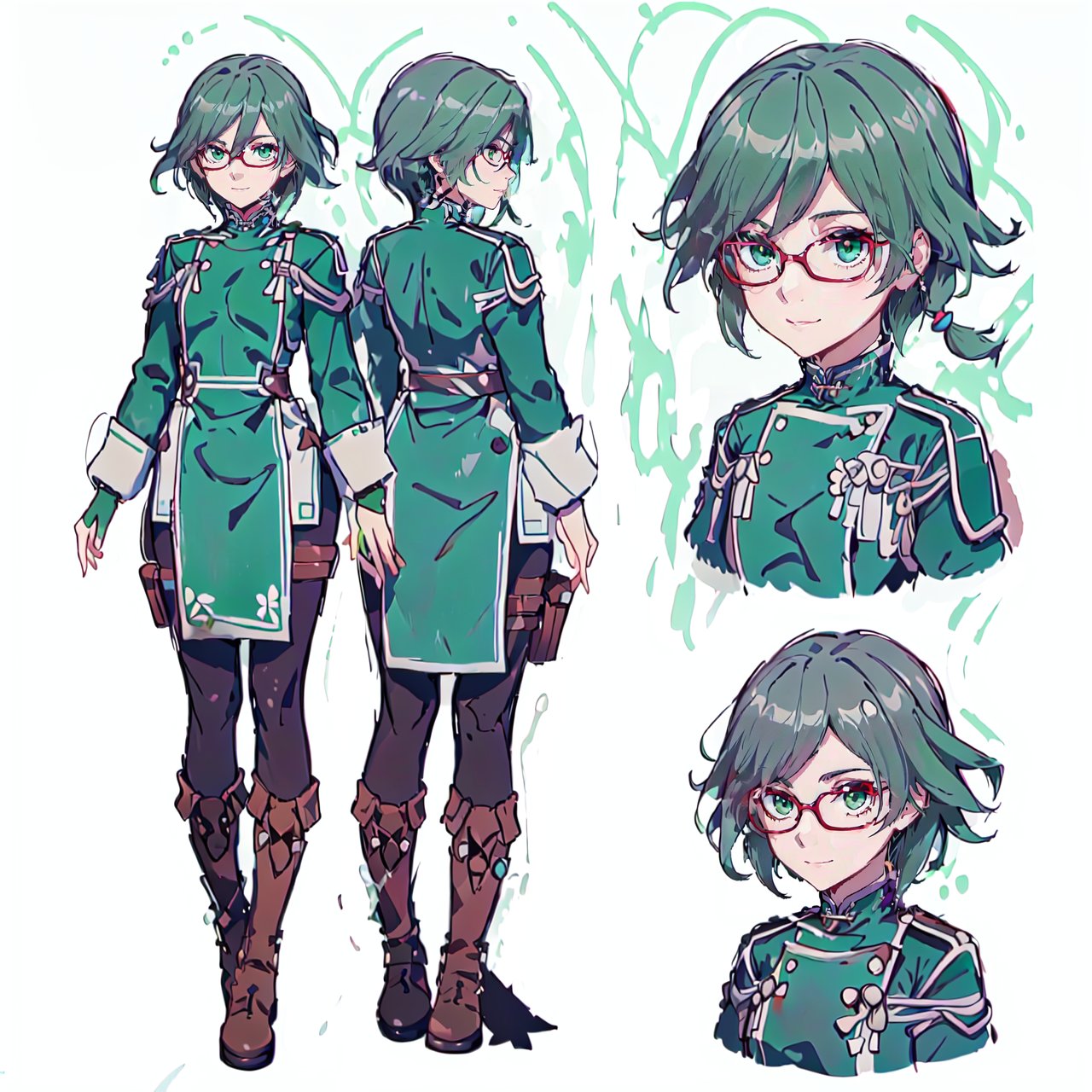 (CharacterSheet:1.2), 1 girl, solo, green eyes, ((((green hair:1.2)))) ,((green kongming suit)),headphones around neck,short hair, light smile,muscle_body, strong, fullbody black_bodysuit with green details,casual_wear, gloves, boots, pants, shirt, tecno_jacket, short-hair,,multiple views (full_body(front_view, back_view),uper_body(front_view, left_view, right_view)),(white background, simple background:1.2),(dynamic_pose:1.2),(masterpiece:1.2), (best quality, highest quality), (ultra detailed), (8k, 4k, intricate), (50mm), (highly detailed:1.2),(detailed face:1.2), detailed_eyes,(gradients),(ambient light:1.3),(cinematic composition:1.3),(HDR:1),Accent Lighting,extremely detailed,original, highres,(perfect_anatomy:1.2), perfect_face:1.2, detailed_anatomy, full_body,, , ,kongming suit,long skirt,sarashi,guanhelmet,senti,china dress with heart cutout,fu hua,chinese clothes,yifu,floral print,hanfu,chinese clothe,print robe,1girl,fu_hua