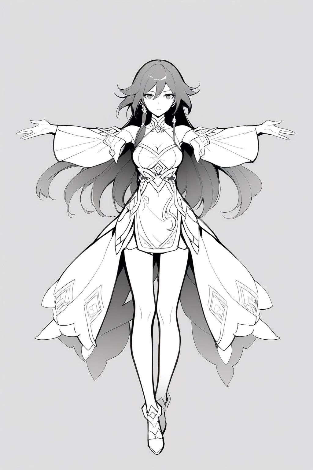 [[fu hua(Honkai Impact 3rd)]], (full body), nai3, 1girl, solo, artstyle,
1girl, solo, long hair, breasts, simple background, white background, dress, cleavage, medium breasts, monochrome, greyscale, detached sleeves, outstretched arms, chinese text