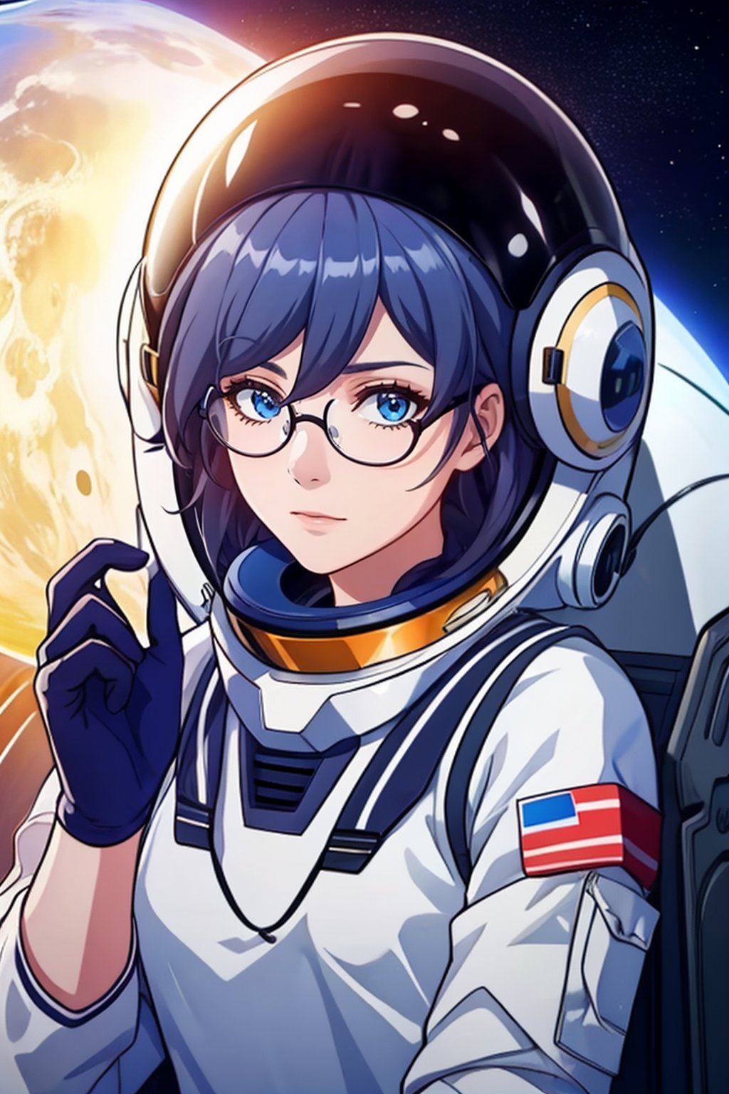 a beautiful girl in the sky from Mars, establishing herself in a spacesuit,fu hua,astronauts,space shuttle orbiter,holding the helmet,glasses