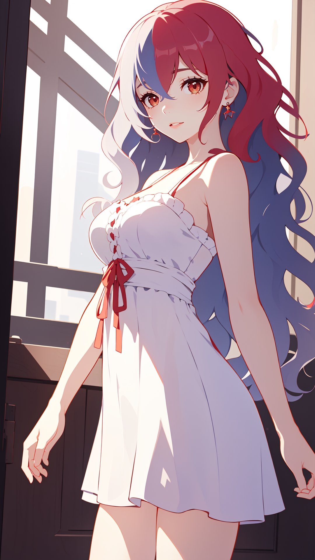 ultra high res,(extremely detailed:1.4),solo,((teen girl)),(red hair),(long and wavy hair:1.5),breasts,cowboy shot,perfect light,A-line sundress,fu hua