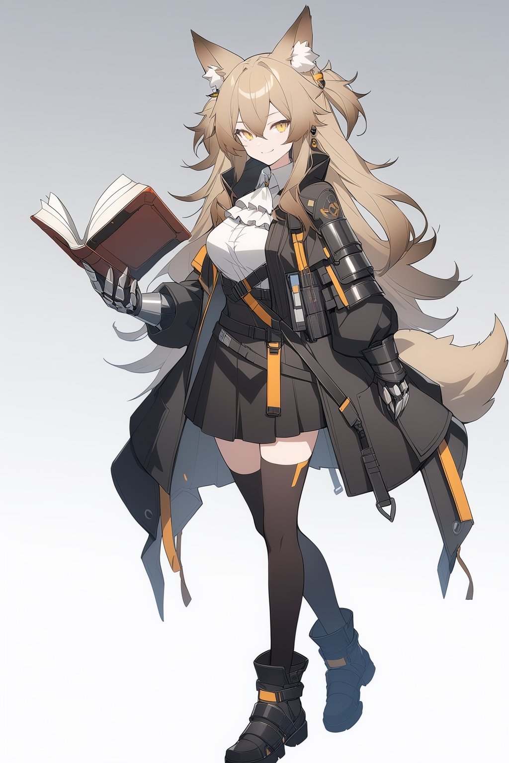 [[leizi(arknights)]], (full body), nai3, 1girl, solo, artstyle,
1girl, solo, long hair, breasts, looking at viewer, smile, bangs, skirt, brown hair, shirt, thighhighs, long sleeves, holding, animal ears, hair between eyes, jewelry, closed mouth, standing, jacket, tail, full body, yellow eyes, grey hair, earrings, black thighhighs, black skirt, black footwear, zettai ryouiki, coat, black jacket, animal ear fluff, book, ascot, wolf ears, gauntlets, wolf tail, holding book, black coat, open book, wolf girl, white ascot, single gauntlet