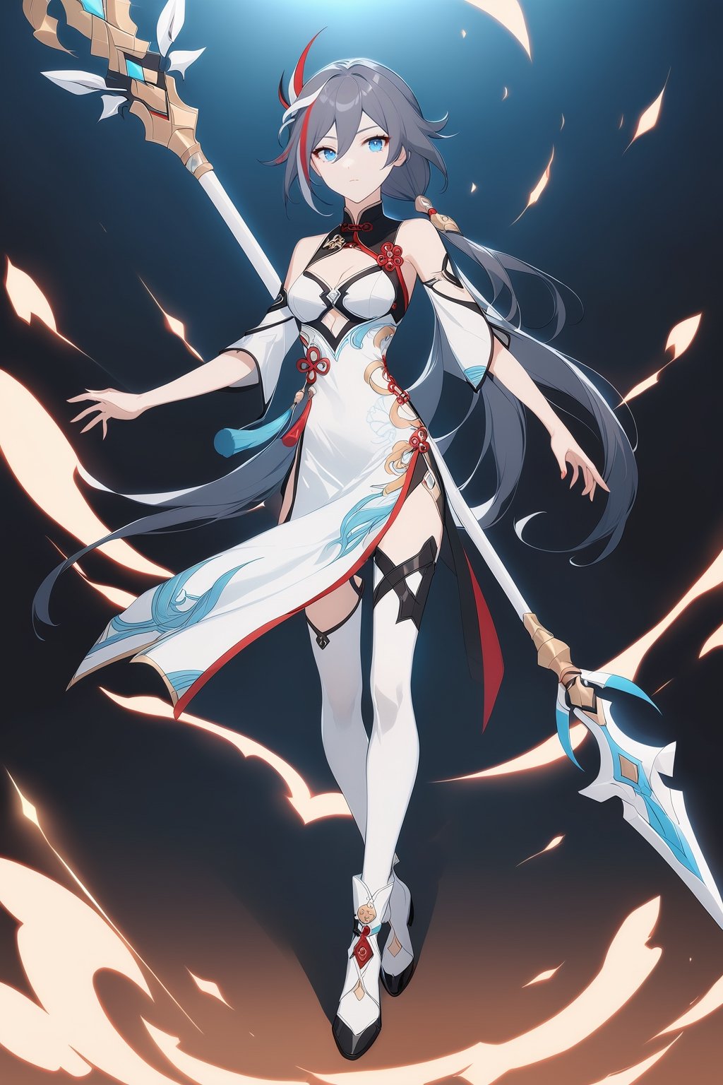 [[fu hua(Honkai Impact 3rd)]], (full body), nai3, 1girl, solo, artstyle,
1girl, solo, long hair, breasts, looking at viewer, bangs, blue eyes, black hair, hair ornament, thighhighs, dress, holding, cleavage, hair between eyes, bare shoulders, closed mouth, ponytail, weapon, multicolored hair, boots, holding weapon, streaked hair, chinese clothes, polearm, china dress, spear, holding polearm, fu hua