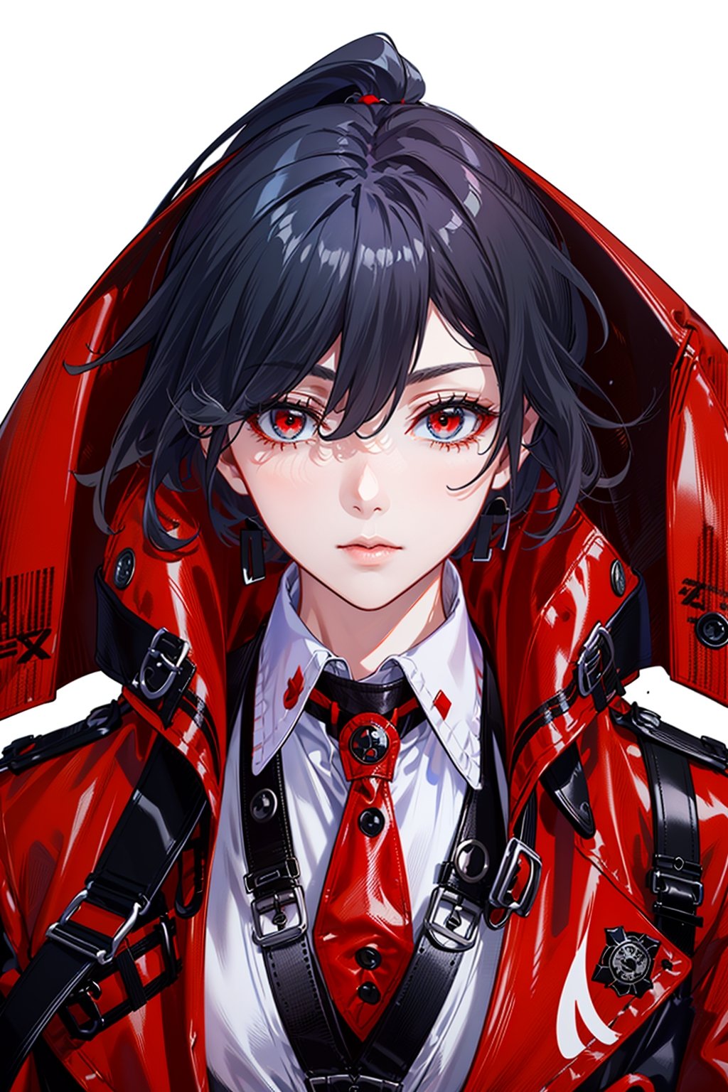 a beautiful woman, black hair,red eyes,fu hua,(((leather Trench  coat,red trench coat,long coat,black pants,boots,uniform,white shirt,opened clothes))), senti, red eyes, blue_eyes