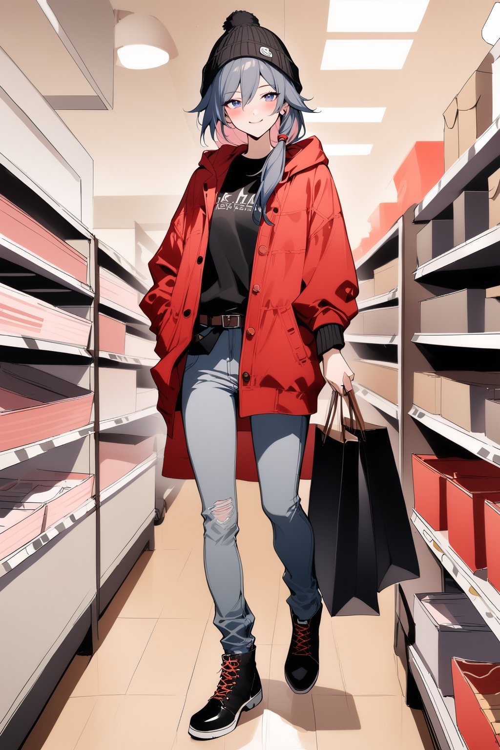  {{fu hua(honkai 3rd)}},(full body), nai3, solo, artstyle,best quality,amazing quality,very aesthetic,absurdres,traditional media solo, looking at viewer,
1girl, long hair, blush, smile, skirt, brown hair, shirt, long sleeves, 1boy, hat, standing, jacket, pink hair, boots, open clothes, shoes, socks, belt, pants, indoors, hood, bag, twitter username, black footwear, vest, english text, black headwear, hoodie, denim, red jacket, jeans, contemporary, beanie, grey pants, shopping bag