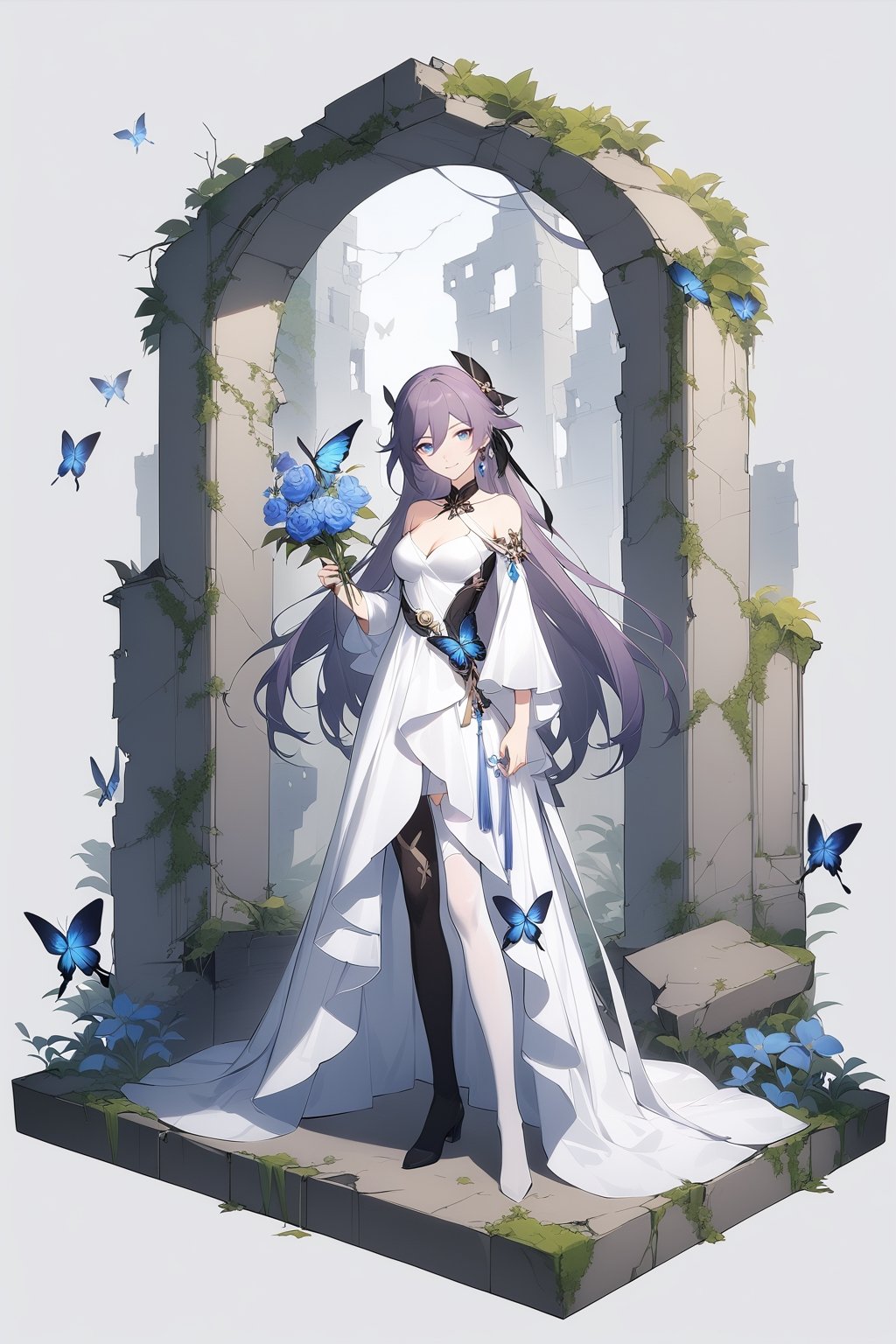 [[fu hua(Honkai Impact 3rd)]], (full body), nai3, 1girl, solo, artstyle,
1girl, solo, dress, ribbon, holding, standing, purple eyes, hair ribbon, purple hair, flower, white dress, official alternate costume, holding flower, ruins, overgrown, 1girl, solo, long hair, breasts, looking at viewer, smile, blue eyes, skirt, brown hair, thighhighs, cleavage, jewelry, medium breasts, hair ribbon, earrings, two side up, gem, solo, long hair, blue eyes, blonde hair, simple background, long sleeves, 1boy, hat, holding, very long hair, standing, male focus, grey background, cross, bug, butterfly, robe, butterfly on hand