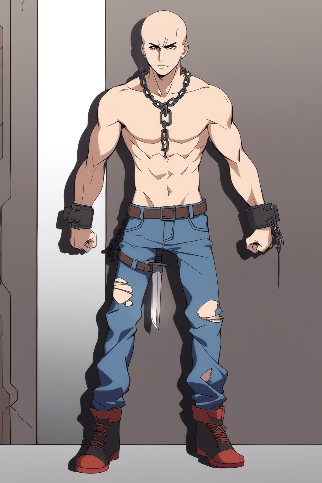 (full body), nai3, 1girl, solo, artstyle,
brown hair, weapon, male focus, multiple boys, sword, hood, 2boys, torn clothes, hoodie, chain, parody, denim, cuffs, topless male, bald