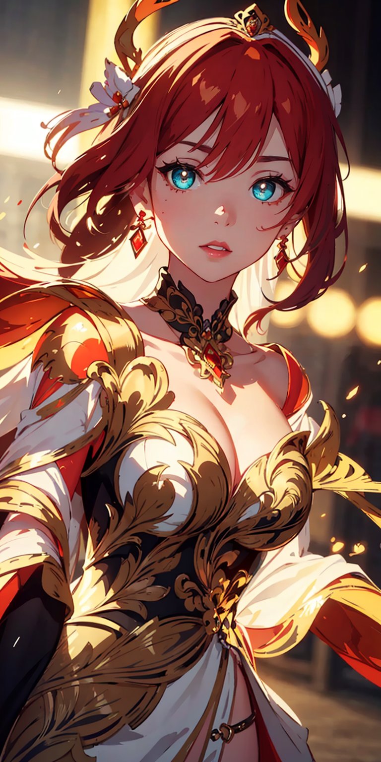 masterpiece, best quality, illustration, full body image, ornate and elaborate dress, platinum earrings, tiara, platinum necklace, white dress, 1 girl, cute, (dynamic lighting:1.2), cinematic lighting, delicate facial features, detailed eyes, green eyes, long red hair, sharp pupils, realistic pupils, depth of field, bokeh, sharp focus, (hyper-detailed, bloom, glow:1.4), red hair, full lips, big_breasts,fu_hua/young,fu hua\bengluo