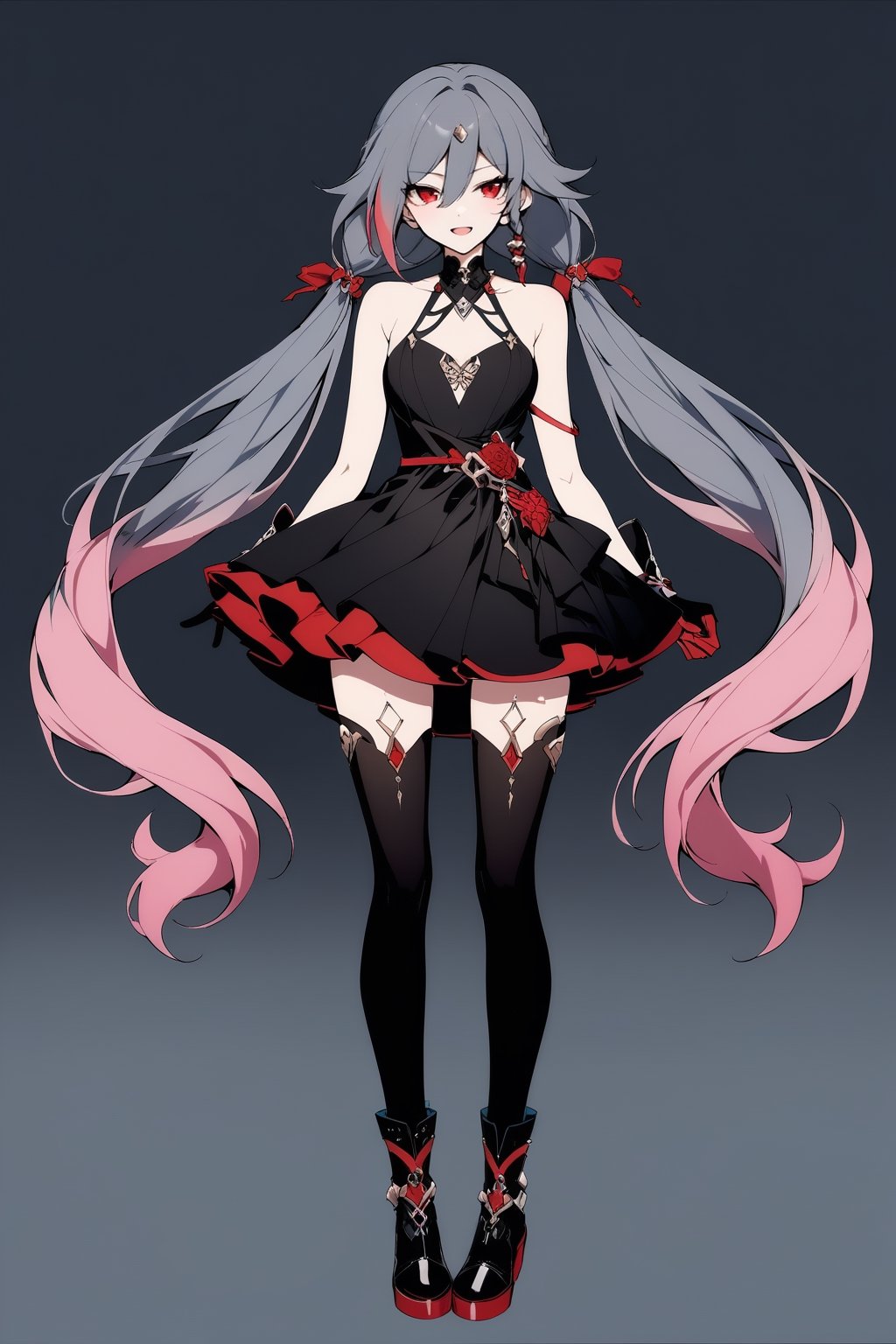  {{fu hua(honkai 3rd)}},(full body), nai3, solo, artstyle,best quality,amazing quality,very aesthetic,absurdres,traditional media solo, looking at viewer,
1girl, long hair, smile, open mouth, black hair, red eyes, thighhighs, gloves, dress, bow, twintails, very long hair, pink hair, multicolored hair, boots, virtual youtuber, multiple views