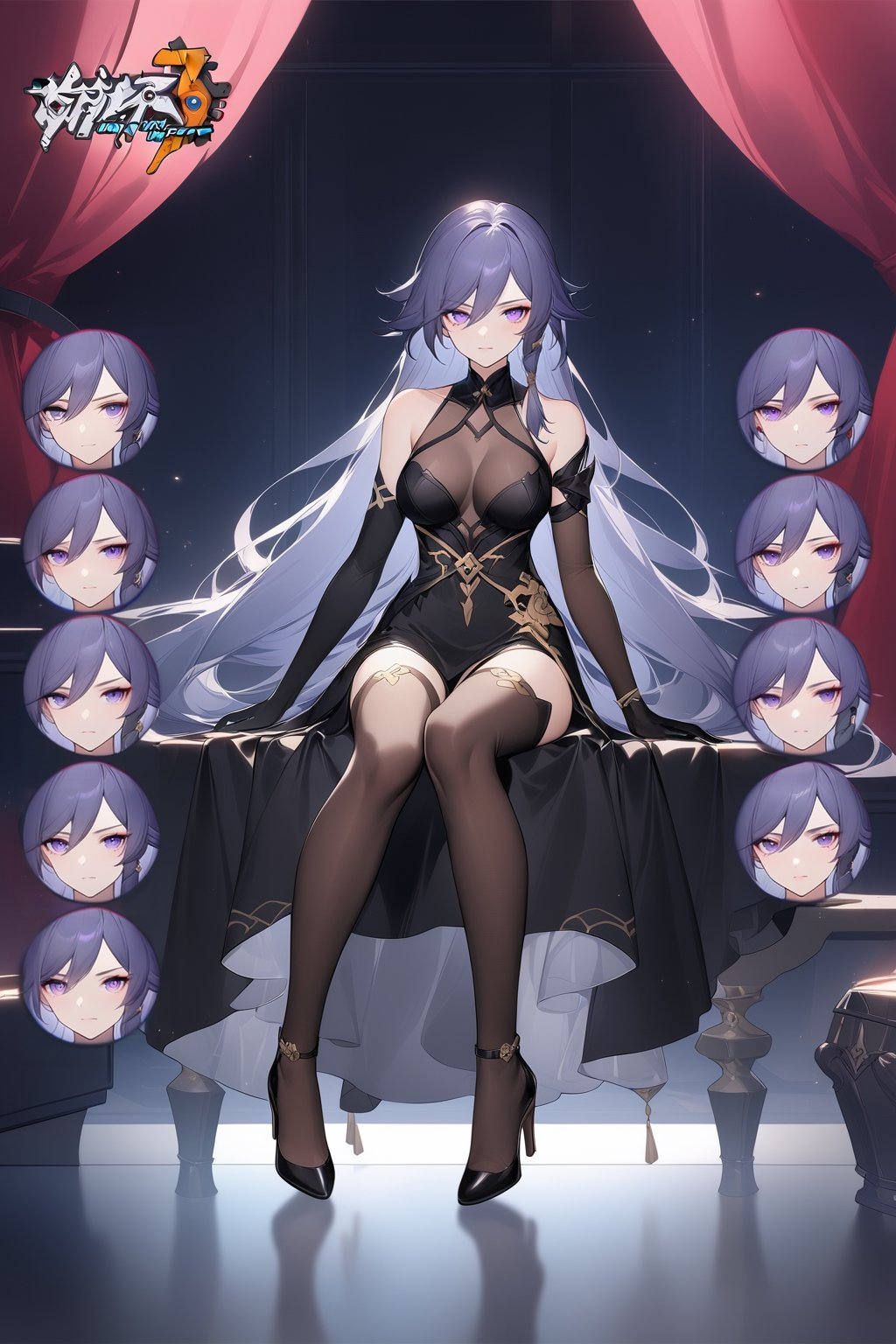 [[fu hua(Honkai Impact 3rd)]], (full body), nai3, 1girl, solo, artstyle,
1girl, solo, long hair, breasts, looking at viewer, large breasts, thighhighs, gloves, dress, sitting, very long hair, purple eyes, full body, purple hair, black gloves, elbow gloves, indoors, black footwear, black dress, high heels, official alternate costume, see-through, copyright name, curtains, bodystocking, expressions, 