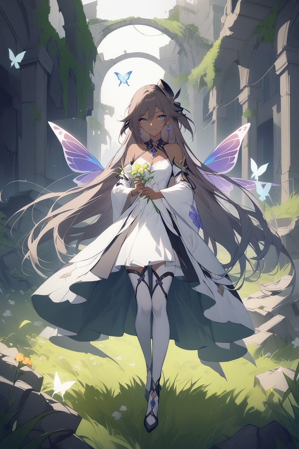 [[fu hua(Honkai Impact 3rd)]], (full body), nai3, 1girl, solo, artstyle,
1girl, solo, dress, ribbon, holding, standing, purple eyes, hair ribbon, purple hair, flower, white dress, official alternate costume, holding flower, ruins, overgrown, 1girl, solo, long hair, breasts, looking at viewer, smile, blue eyes, skirt, brown hair, thighhighs, cleavage, jewelry, medium breasts, hair ribbon, earrings, two side up, gem, solo, long hair, blue eyes, blonde hair, simple background, long sleeves, 1boy, hat, holding, very long hair, standing, male focus, grey background, cross, bug, butterfly, robe, butterfly on hand,1girl, solo, long hair, breasts, looking at viewer, smile, blonde hair, brown hair, hair ornament, dress, bare shoulders, medium breasts, green eyes, full body, braid, multicolored hair, outdoors, detached sleeves, wings, sky, dark skin, dark-skinned female, chain, grass