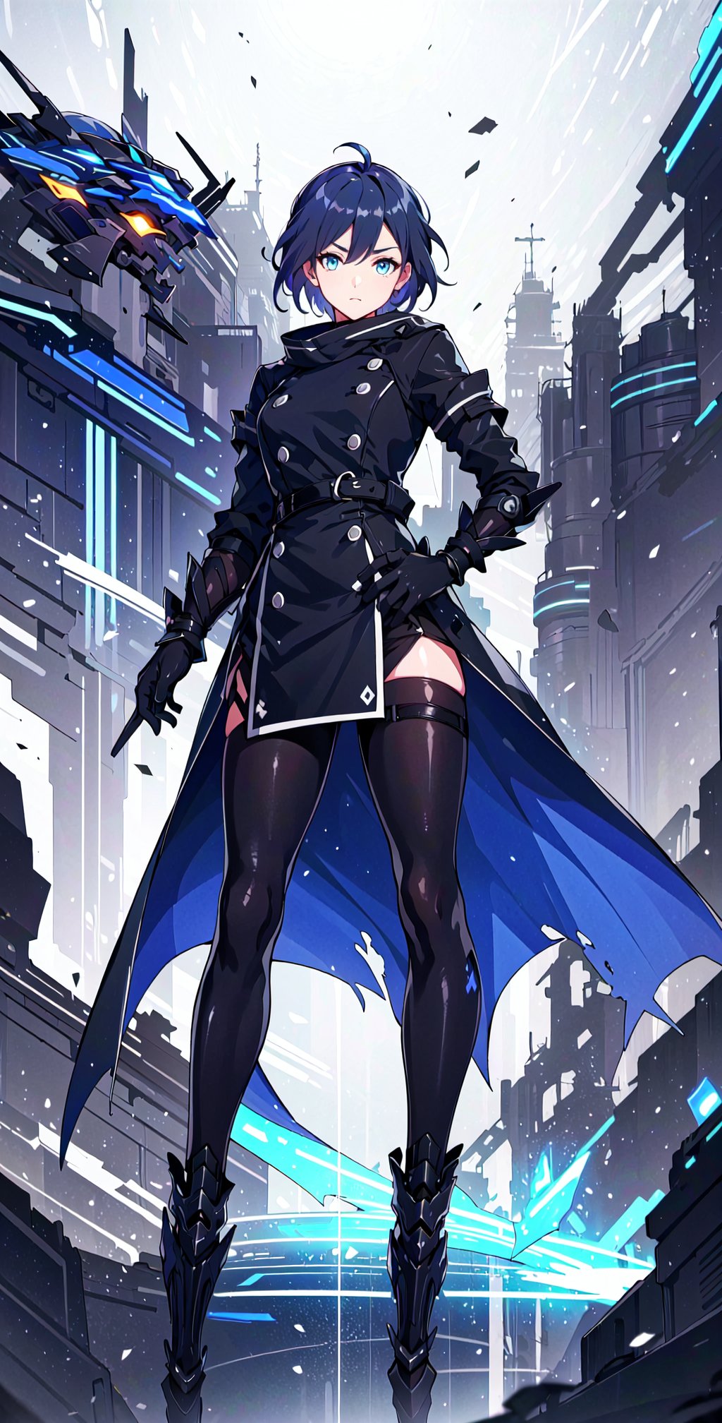 muscular mechanical body, glowing blue eyes, ((black-hair)), ((leather long coat)) ,fu hua,short-hair