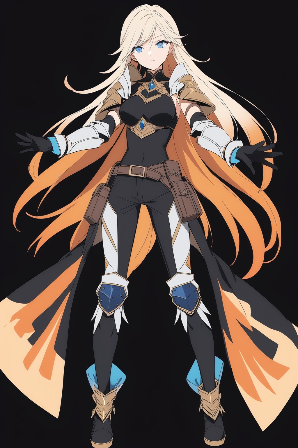 (full body), nai3, 1girl, solo, artstyle,
1girl, solo, long hair, breasts, looking at viewer, 
Durandal/Bianka Ataegina
1girl, solo, looking at viewer, blue eyes, simple background,  gloves, white background, standing, jacket, full body, boots, black gloves, belt, pants, black footwear, armor, outstretched arms, pouch, knee pads