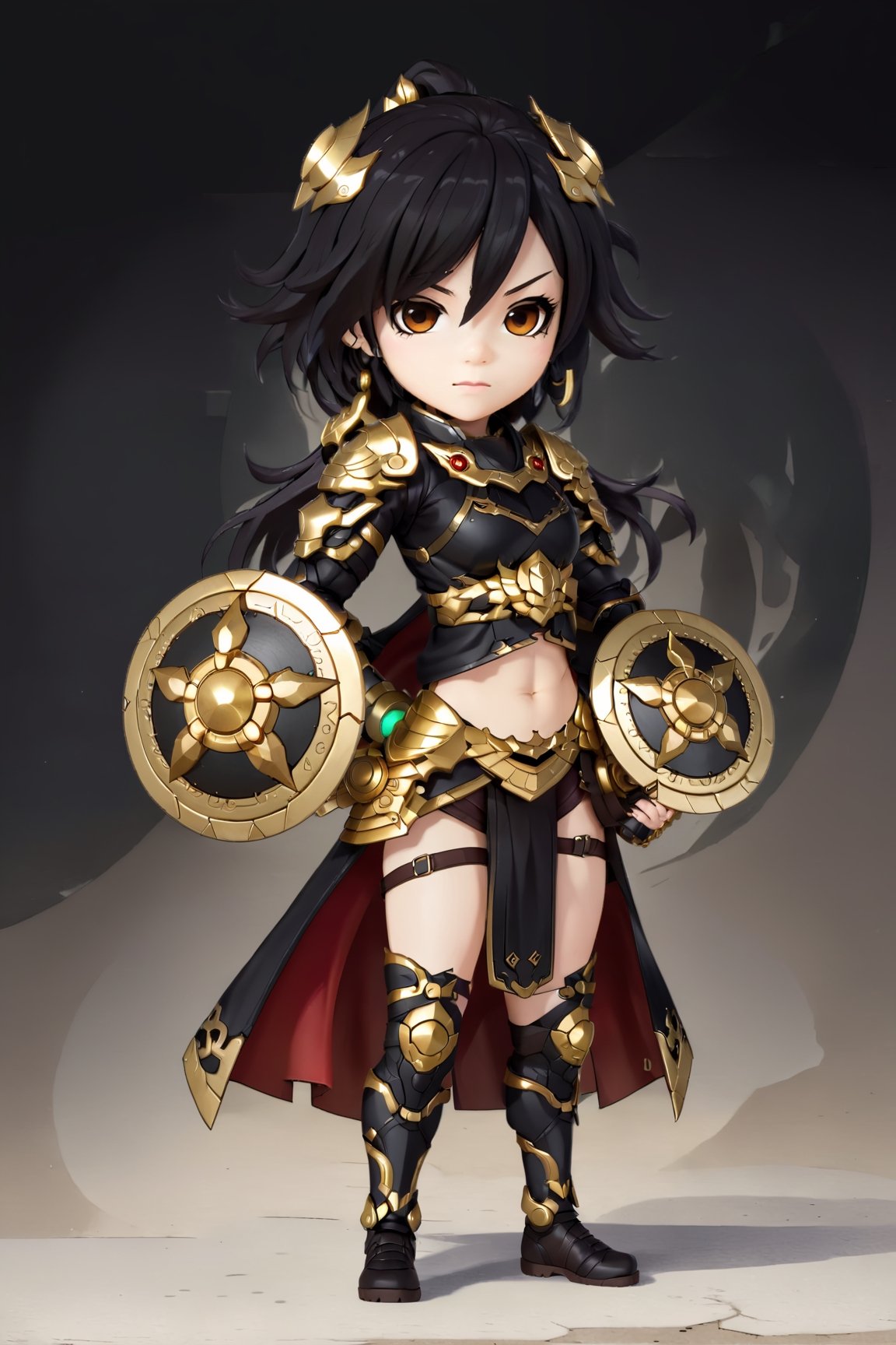 chibi, full body, (1girl, looking at viewer),   muscular mechanical body, ((brown eyes, black-hair)), black leather coat, holding chinese blade and Shield ,fu hua