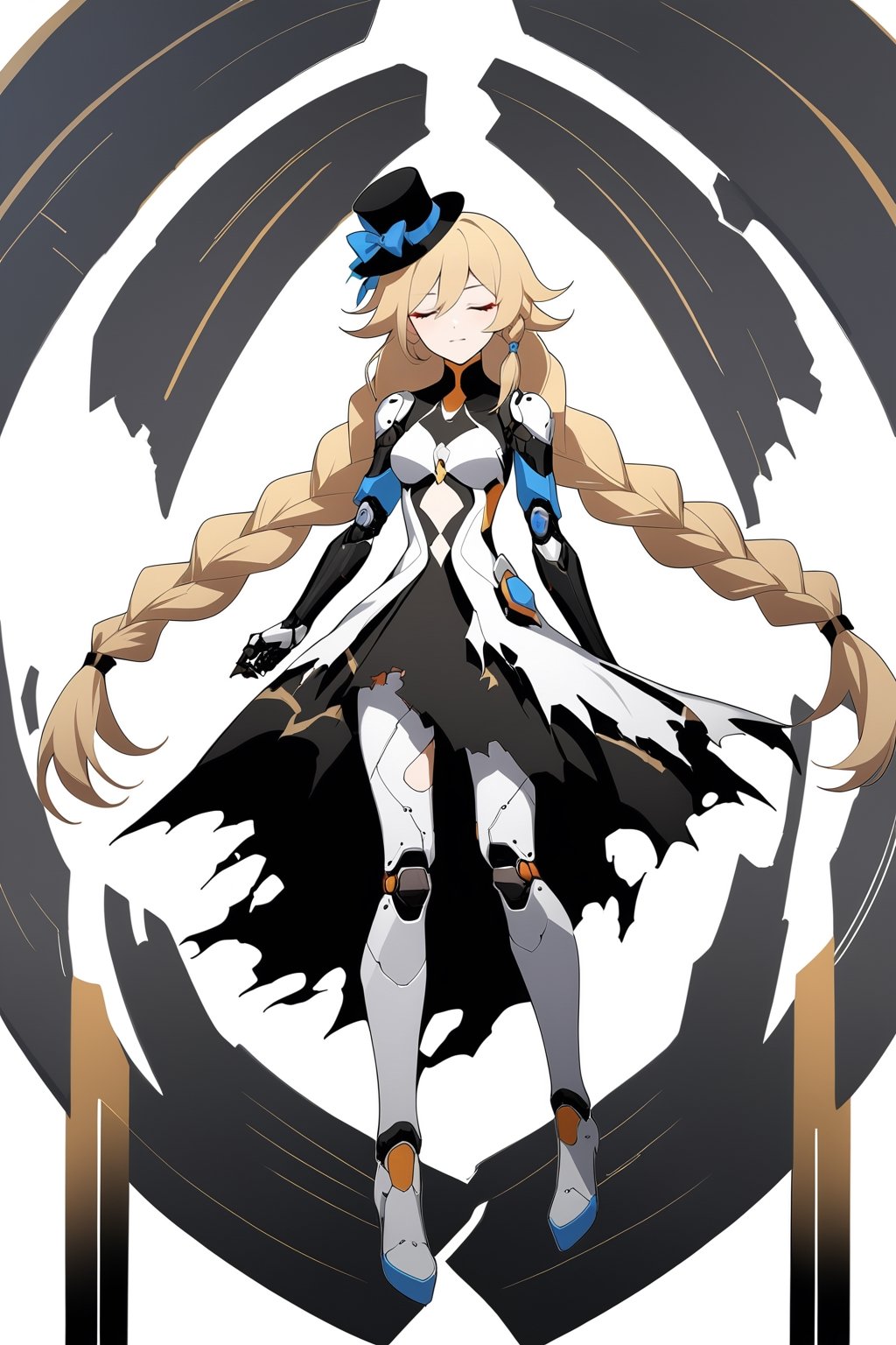 [[fu hua(Honkai Impact 3rd)]], (full body), nai3, 1girl, solo, artstyle,
1girl, solo, long hair, breasts, bangs, blonde hair, hat, white background, dress, bow, very long hair, closed eyes, braid, twin braids, torn clothes, mini hat, top hat, android, joints, torn dress