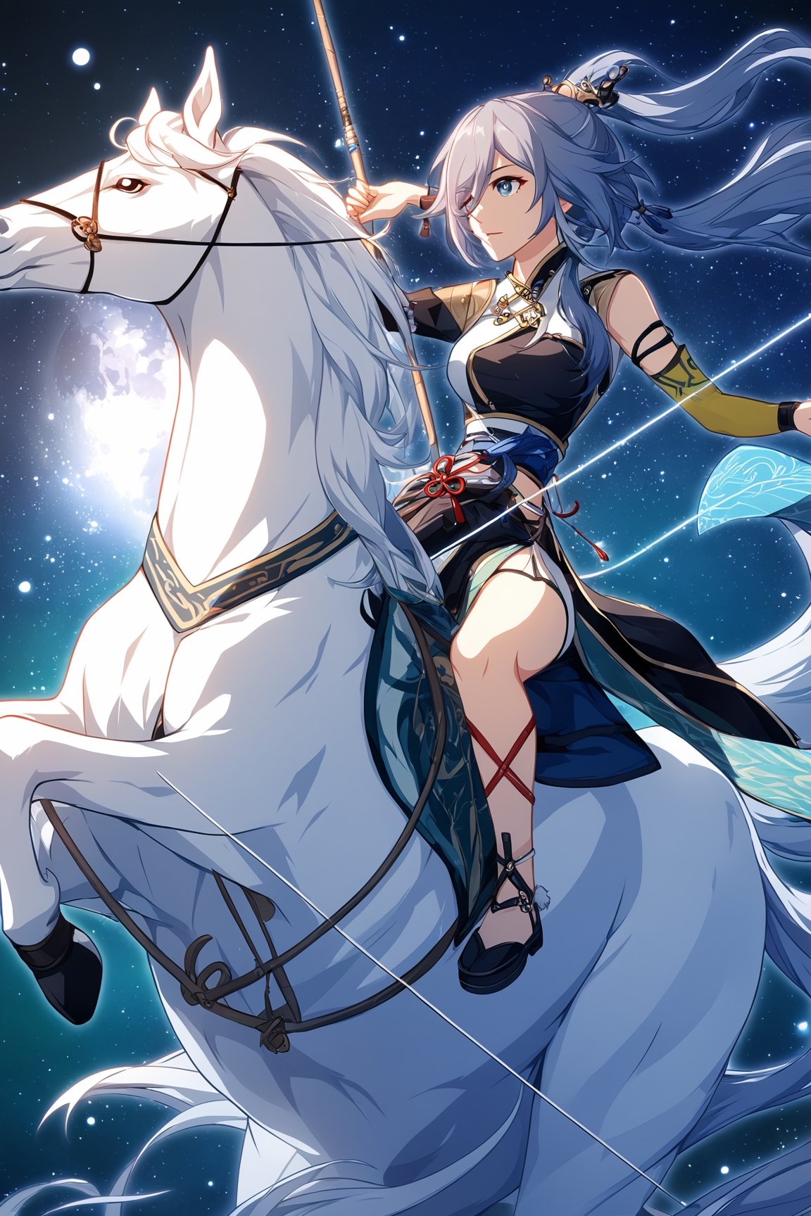 [[fu hua (phoenix)(honkai impact 3rd)]], 4K wallpaper, ((a toxotae from ancient China, riding a white horse and holding bow and arrow.)) Under the starry sky,shooting to the sky,full_body