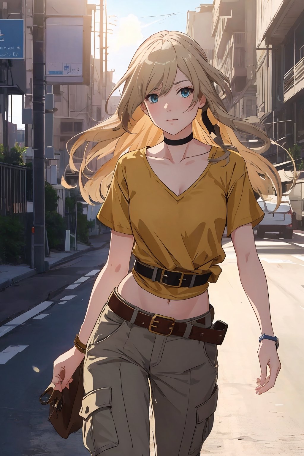 Anime style portrait, clear brushstrokes, clear lines, vivid colors, sharp image, Beautiful young woman, straight long blonde hair, choker, short yellow top under an open reneissance art patterned short-sleeve shirt, naked belly, hourglass body figure, light brown cargo pants with a belt. In the middle of a road on a huge bridge, wind blows, golden hour sunshine, bright yellow highlights, yellow sun rays, clear blue sky, lens flare, light leaks, flim photography aesthetic, anime style digital drawing, masterpiece, high quality artwork, high resolution,fu hua