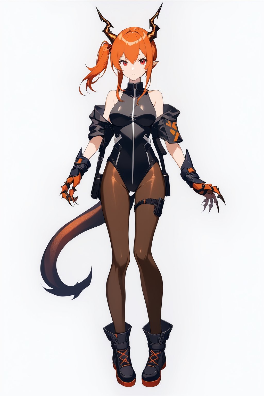 [[ch‘en(arknights)]], (full body), nai3, 1girl, solo, artstyle,
1girl, solo, breasts, looking at viewer, short hair, bangs, hair ornament, red eyes, animal ears, hair between eyes, closed mouth, standing, tail, full body, pantyhose, horns, hand up, medium hair, orange hair, leotard, black pantyhose, one side up, claws, 