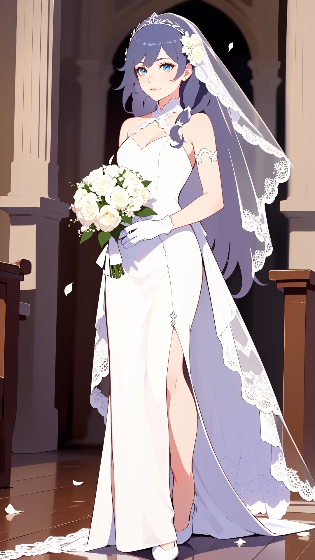 (1 beautiful woman, ornamented long hair,expensive detailed white wedding dress design by Clare Waight Keller, white bride veil, long white gloves),(full body) walking to the altar, holding a bouquet, church location, wedding, celebration time, petals falling down,Anime,fu hua