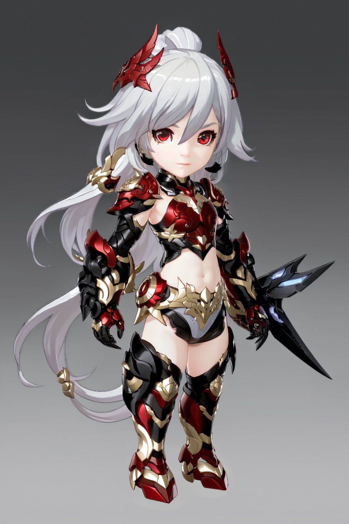 chibi, full body, (1girl, looking at viewer), white long hair, black metalic mechanical_armor, dynamic pose, delicate white filigree, intricate filigree, red metalic parts, intricate armor, detailed part, chibi style,3d style