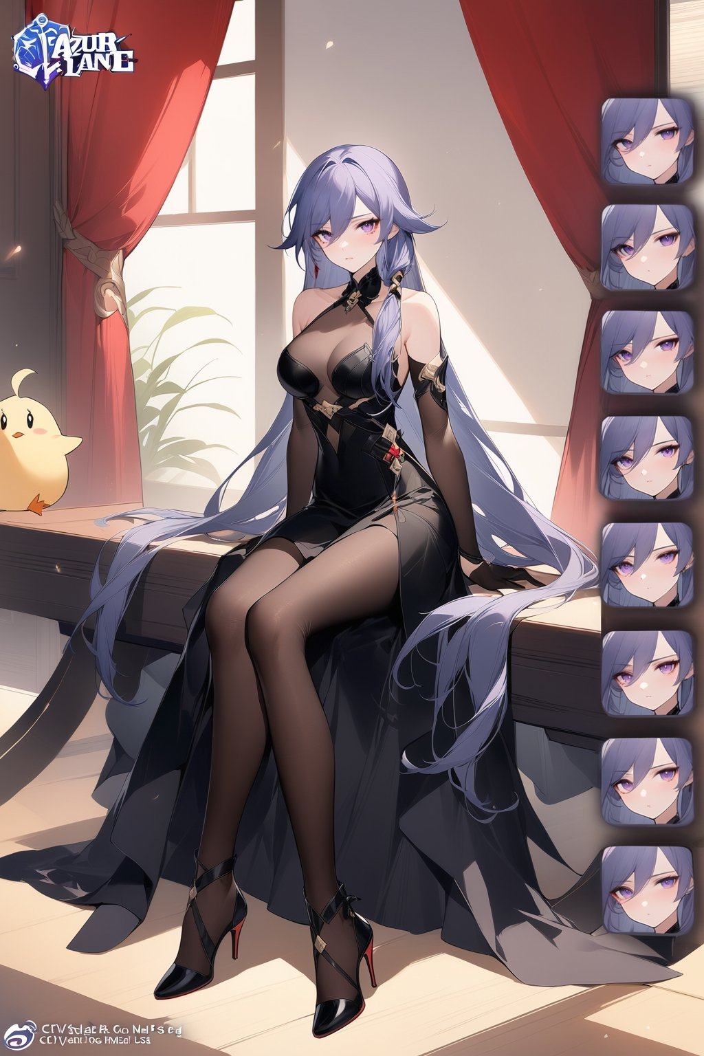 [[fu hua(Honkai Impact 3rd)]], (full body), nai3, 1girl, solo, artstyle,
1girl, solo, long hair, breasts, looking at viewer, large breasts, thighhighs, gloves, dress, sitting, very long hair, purple eyes, full body, purple hair, black gloves, elbow gloves, indoors, black footwear, black dress, high heels, official alternate costume, see-through, copyright name, curtains, bodystocking, expressions, manjuu \(azur lane\)
