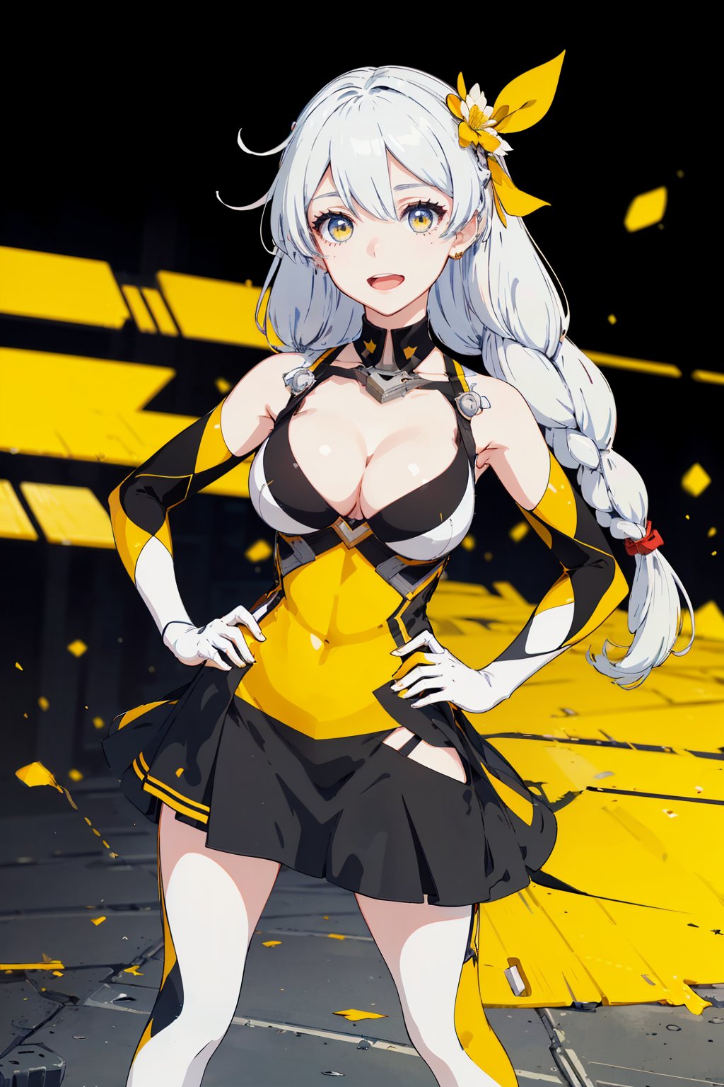 (masterpiece), 1girl, best quality, expressive eyes, perfect face,mature female, large breasts, braid, slim body, yellow eyes, hair ribbon, flat yellow color, lineart, abstract, flower, yellow theme, greyscale, monochrome, sleeveless dress, smile, open mouth, legs, hands on hips ,senti,kiana