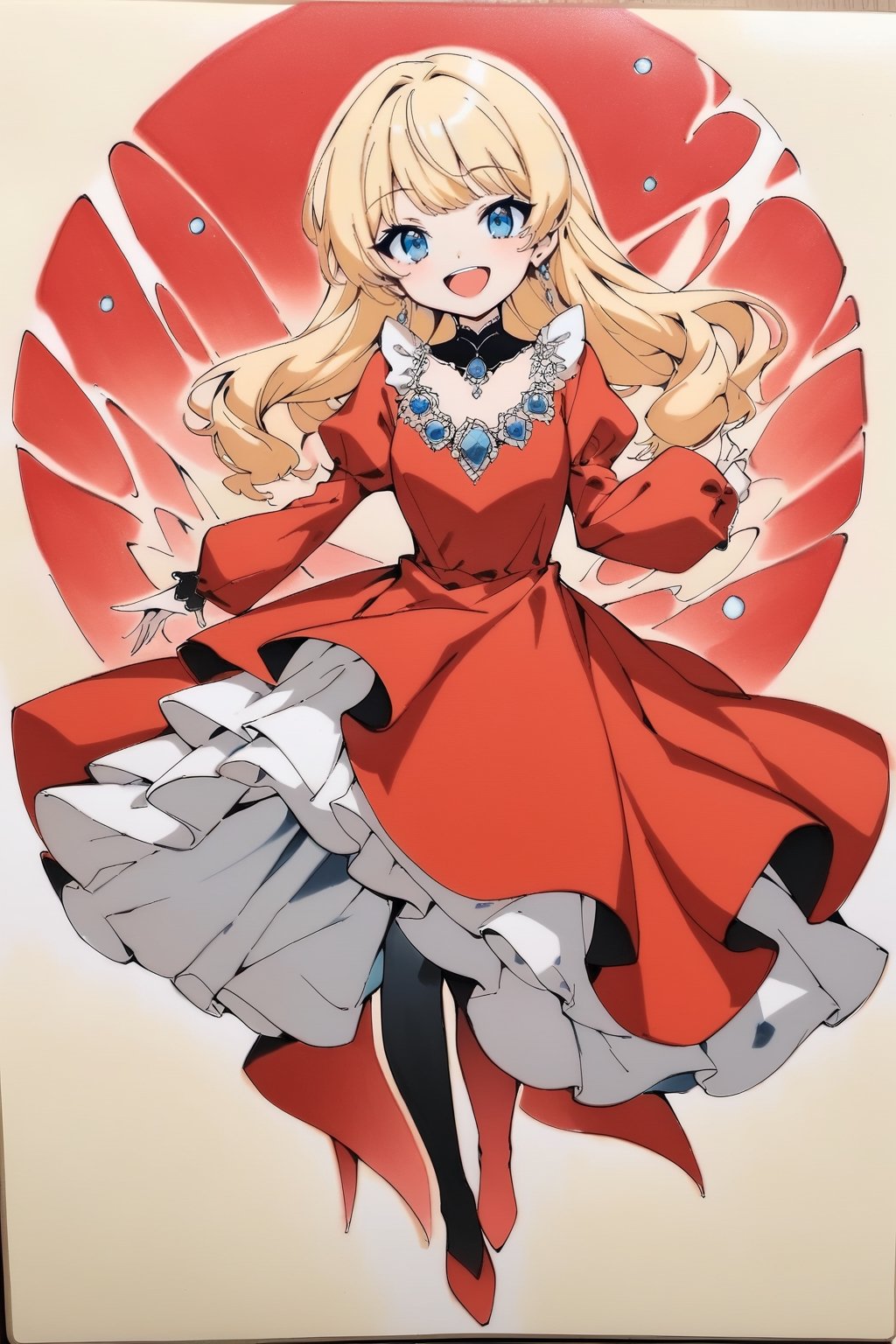 (full body), nai3, solo, artstyle,best quality,amazing quality,very aesthetic,absurdres,traditional media solo, looking at viewer,
1girl, solo, smile, open mouth, blue eyes, blonde hair, long sleeves, dress, parody, red dress, fake screenshot