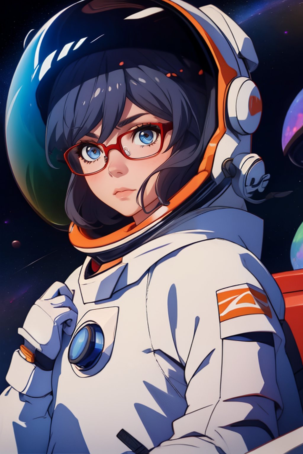 a beautiful girl in the sky from Mars, establishing herself in a spacesuit,fu hua,astronauts,space shuttle orbiter,holding the helmet,glasses