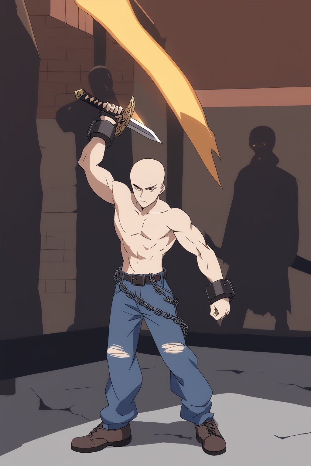 (full body), nai3, 1girl, solo, artstyle,
brown hair, weapon, male focus, multiple boys, sword, hood, 2boys, torn clothes, hoodie, chain, parody, denim, cuffs, topless male, bald