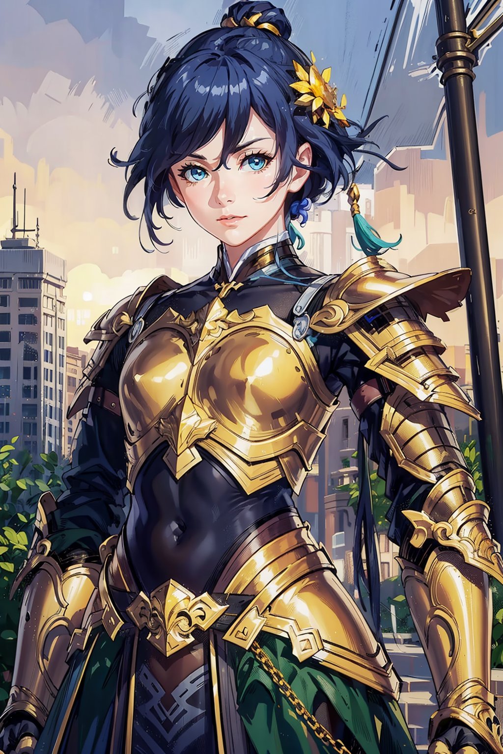 (looking at viewer:1.2), centered, (upper body), photography of a 22yo woman, masterpiece, | (beautiful detailed eyes:1.2), short hair, aqua hair color, light blue eyes, armored top, pauldrons, wide hips, lowleg armored pants, | sunset, bokeh, depth of field ,fu hua,(((female focus,armor,Chinese Armor,golden armor))),golden chain,(sanguozhi)