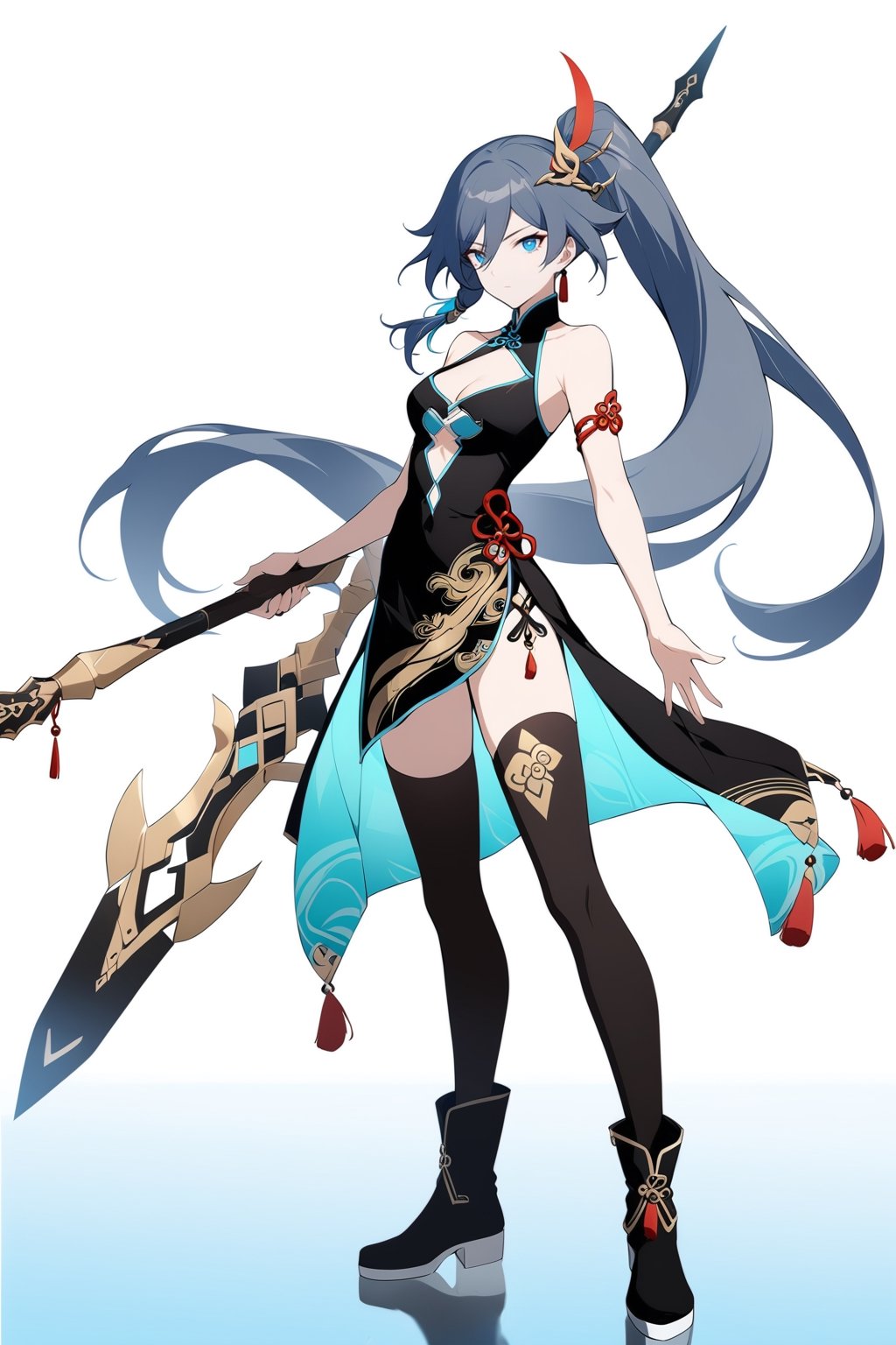 [[fu hua(Honkai Impact 3rd)]], (full body), nai3, 1girl, solo, artstyle,
1girl, solo, long hair, breasts, looking at viewer, bangs, blue eyes, black hair, hair ornament, thighhighs, dress, holding, cleavage, hair between eyes, bare shoulders, closed mouth, ponytail, weapon, multicolored hair, boots, holding weapon, streaked hair, chinese clothes, polearm, china dress, spear, holding polearm, fu hua