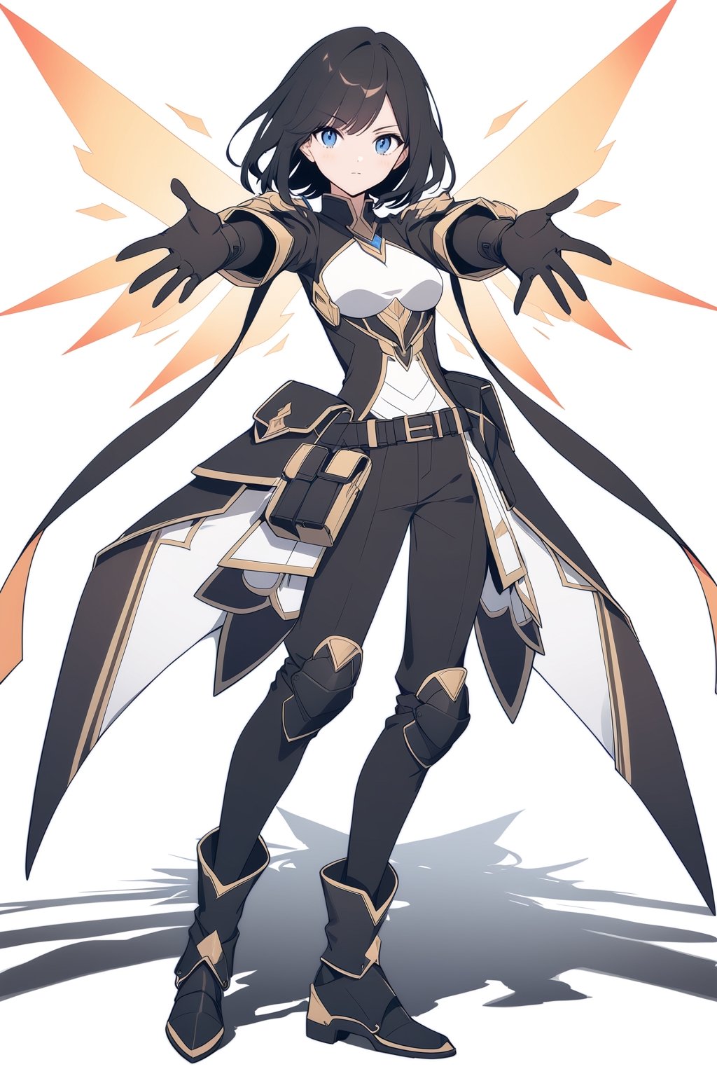 (full body), nai3, 1girl, solo, artstyle,
1girl, solo, long hair, breasts, looking at viewer, 
Durandal/Bianka Ataegina
1girl, solo, looking at viewer, short hair, blue eyes, simple background, black hair, gloves, white background, standing, jacket, full body, boots, black gloves, belt, pants, black footwear, armor, outstretched arms, pouch, knee pads