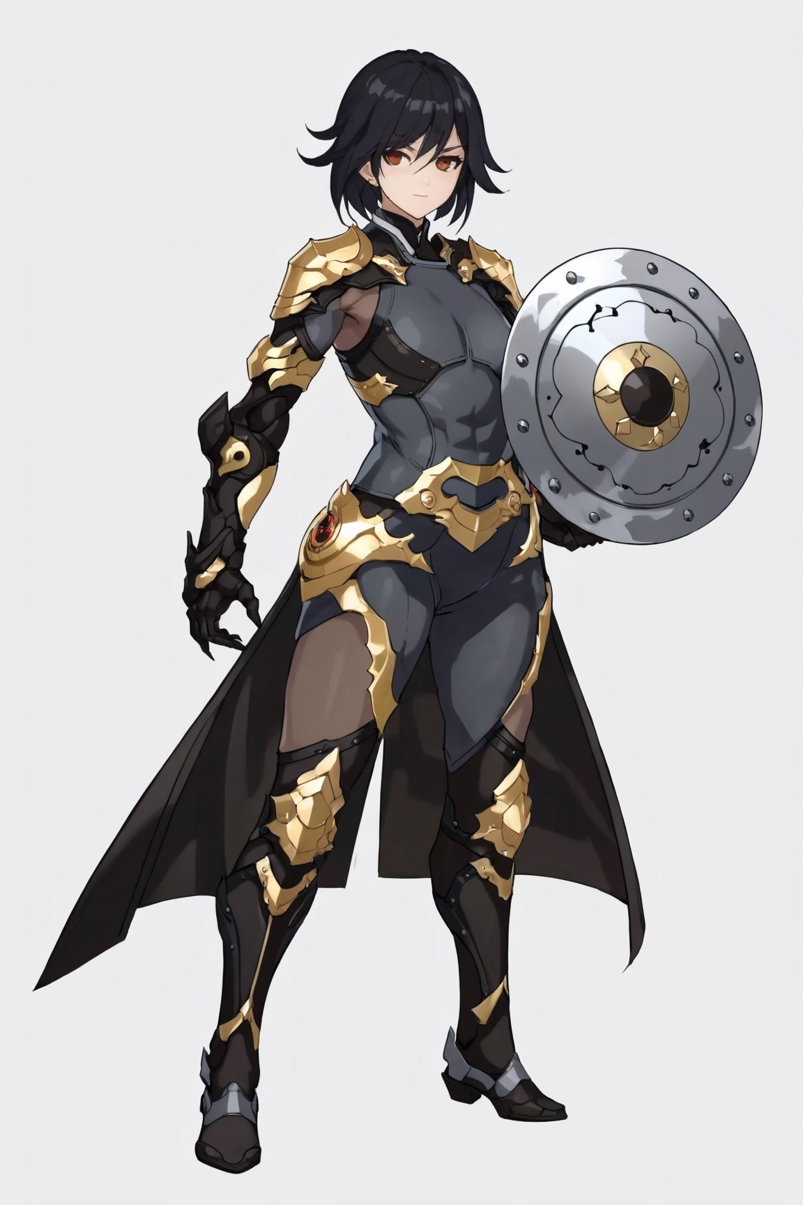 full body, (1girl, looking at viewer),   muscular mechanical body, ((brown eyes, black-hair)), black leather coat, holding chinese blade and Shield ,fu hua