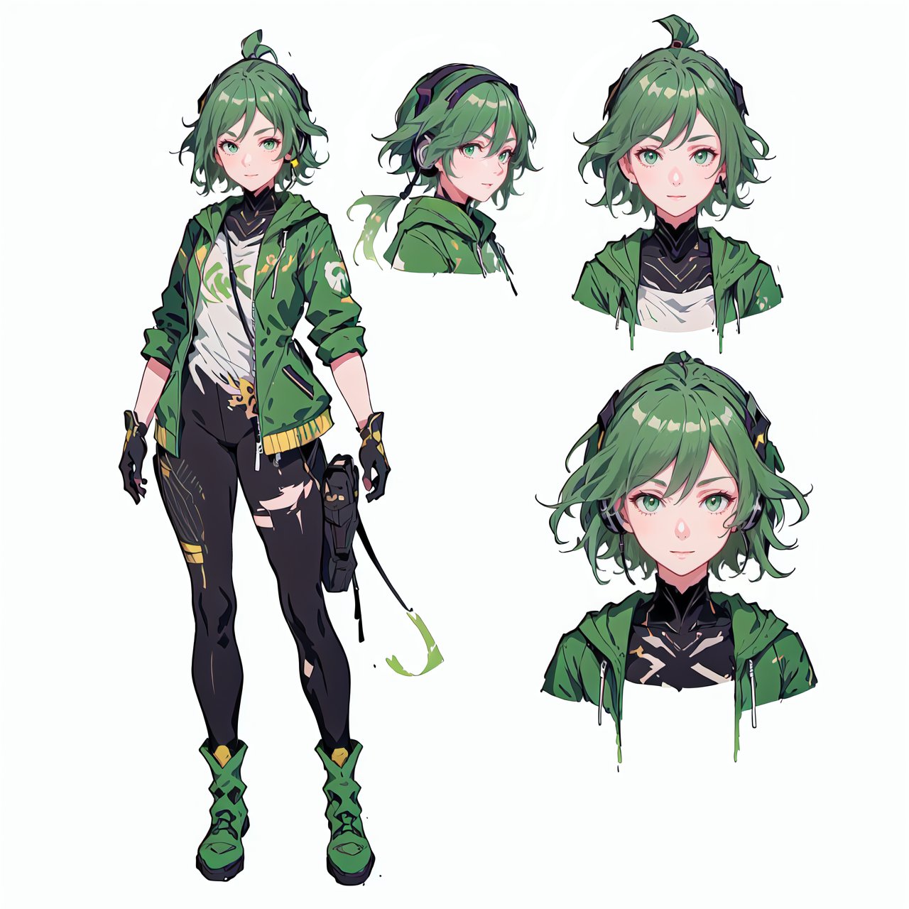 (CharacterSheet:1.2), 1 girl, solo, green eyes, ((((green hair:1.2)))) ,(( green feiyufu)), ((feiyufu)),headphones around neck,short hair, light smile,muscle_body, strong, fullbody black_bodysuit with green details,casual_wear, gloves, boots, pants, shirt, tecno_jacket, short-hair,,multiple views (full_body(front_view, back_view),uper_body(front_view, left_view, right_view)),(white background, simple background:1.2),(dynamic_pose:1.2),(masterpiece:1.2), (best quality, highest quality), (ultra detailed), (8k, 4k, intricate), (50mm), (highly detailed:1.2),(detailed face:1.2), detailed_eyes,(gradients),(ambient light:1.3),(cinematic composition:1.3),(HDR:1),Accent Lighting,extremely detailed,original, highres,(perfect_anatomy:1.2), perfect_face:1.2, detailed_anatomy, full_body,, , 