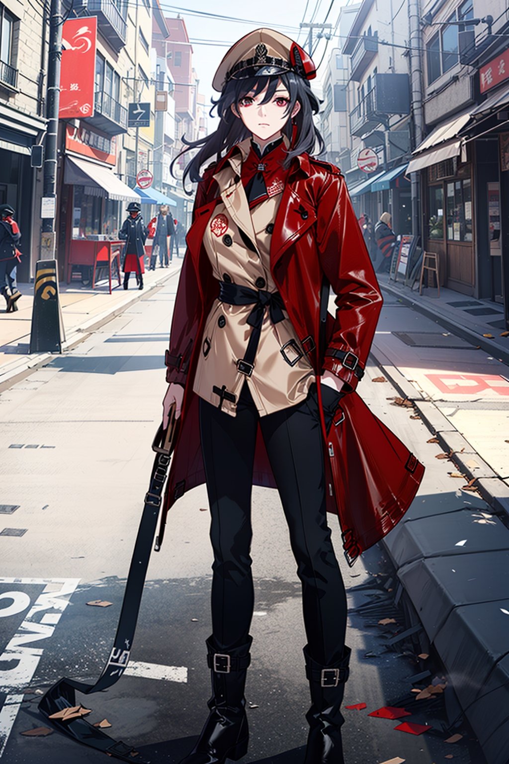 a beautiful woman, black hair,red eyes,fu hua,(((leather Trench  coat,red trench coat,pants,boots,uniform,closed clothes,hat))), senti, red eyes, blue_eyes