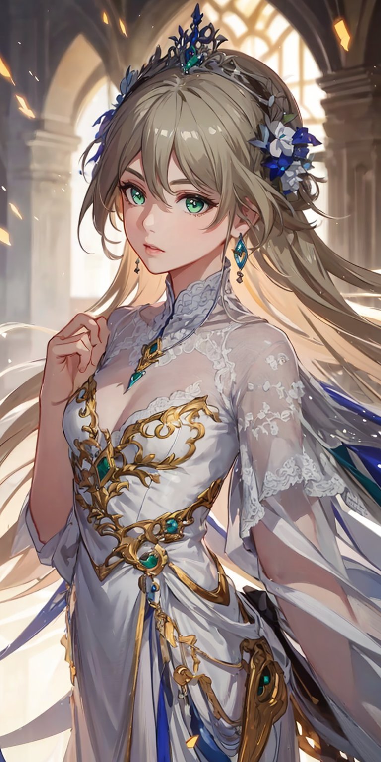 masterpiece, best quality, illustration, full body image, ornate and elaborate dress, platinum earrings, tiara, platinum necklace, white dress, 1girl, cute, (dynamic lighting:1.2), cinematic lighting, delicate facial features, detailed eyes, green eyes, long blonde hair, sharp pupils, realistic pupils, depth of field, bokeh, sharp focus, (hyper-detailed, bloom, glow:1.4), blonde hair, full lips, bright green eyes,fu hua