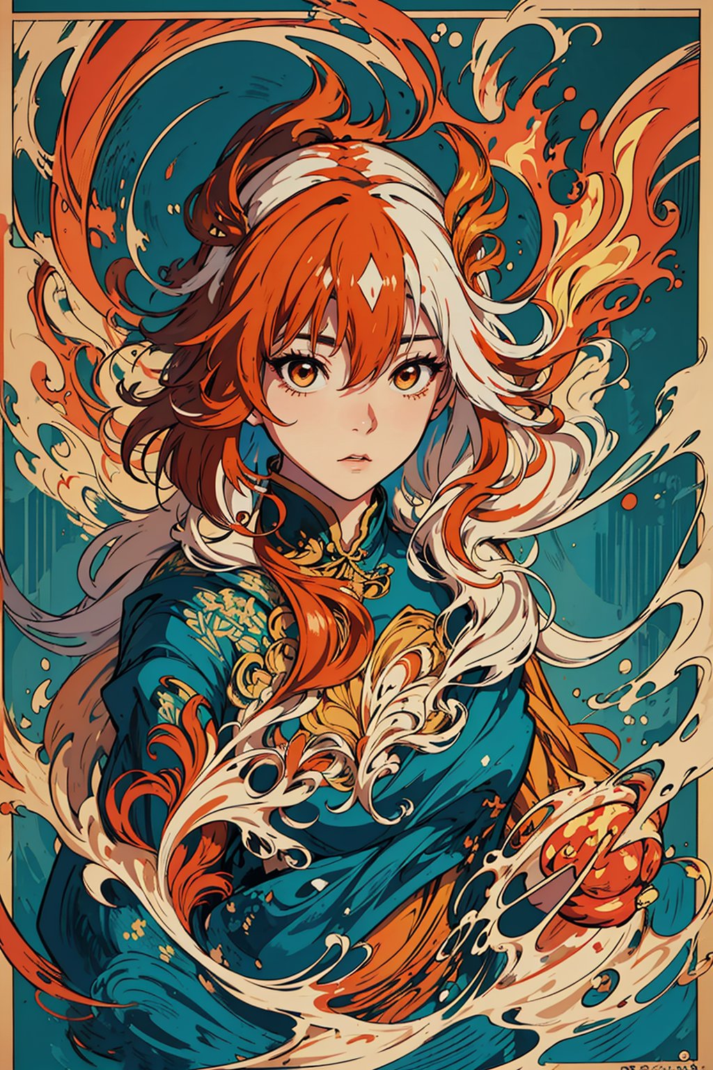 masterpiece, best quality, ultra high res, beautiful, elegant, graceful, award-winning art, 1girl, (style of Yuko Shimizu:1.4), (abstract art:1.2), style of rebecca guay, fu hua\bengluo, white_hair, orange_eyes, streaked_hair, fu hua, orange_hair, red_hair, fire, fiery_hair, hair_between_eyes, multicolored_hair, fu hua\bengluo, fiery_wings,fire, cloaked in flames visually stunning, gorgeous,cloud, fu hua\bengluo, 