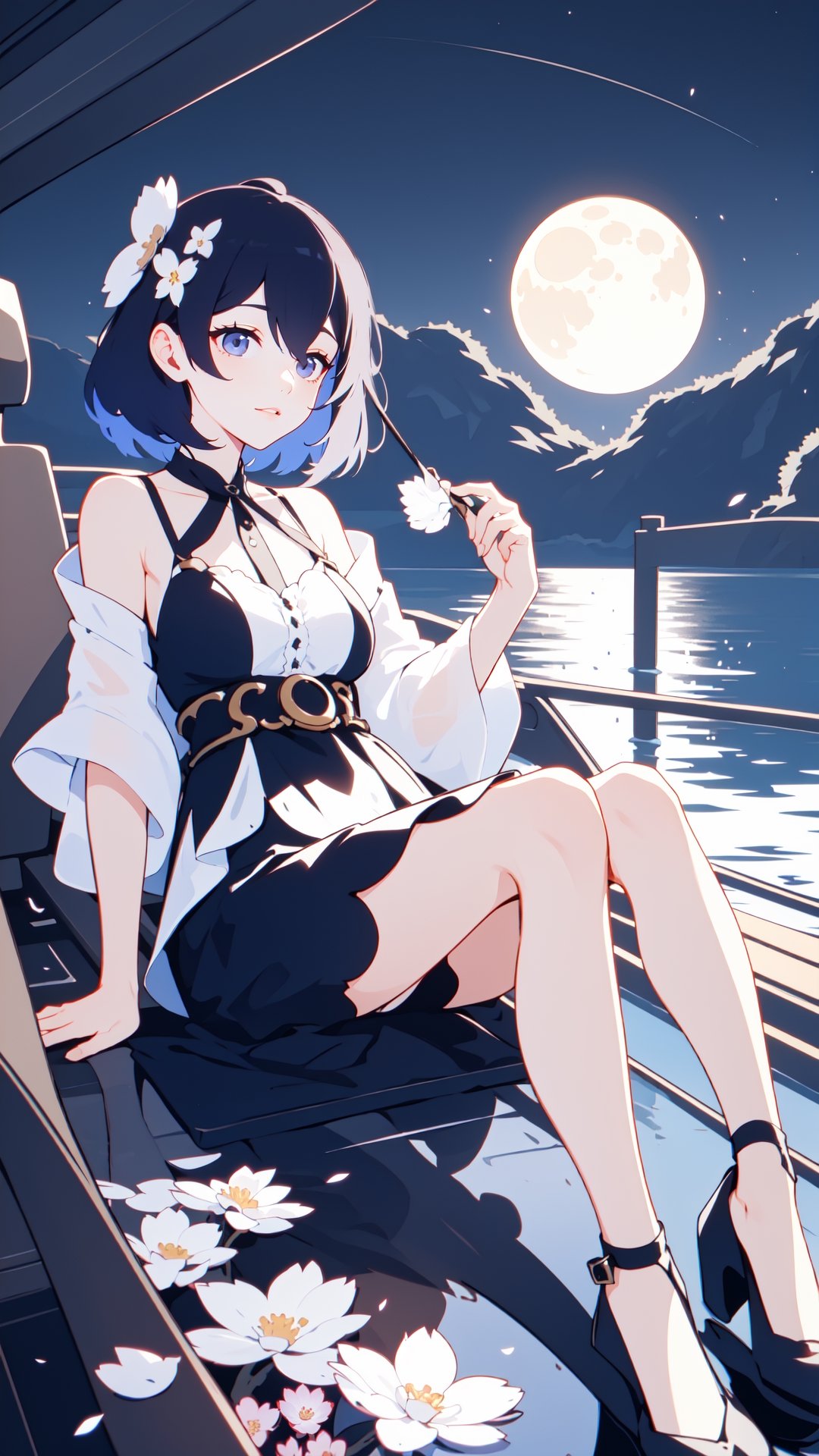 A young girl lying comfortably on a boat, looking up at the starry night sky filled with colorful flowers surrounding the boat, reflecting the bright moon on the lake surface, distant cherry blossom scenery in the background, medium and long distance view, deep depth of field, detailed details. High resolution image, vivid colors, dreamy atmosphere, romantic scene, beautiful night sky, blooming flowers, reflection of the moon on the lake, distant cherry blossoms, serene environment, peaceful mood, starry sky, flower decoration, boat ride, comfortable position, young girl's innocence, tranquility., eluosi, blackpantyhose, qiqiu