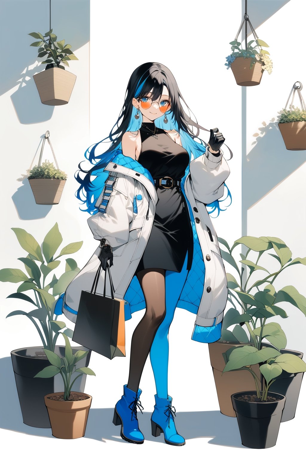(full body), nai3, solo, artstyle,best quality,amazing quality,very aesthetic,absurdres,traditional media solo, looking at viewer,
1girl, solo, long hair, breasts, looking at viewer, smile, bangs, blue eyes, black hair, gloves, long sleeves, white background, dress, holding, hair between eyes, bare shoulders, jewelry, closed mouth, blue hair, standing, jacket, full body, grey hair, pantyhose, multicolored hair, earrings, open clothes, sleeveless, belt, virtual youtuber, off shoulder, bag, black dress, sweater, streaked hair, sleeveless dress, sunglasses, white jacket, plant, single thighhigh, blue footwear, handbag, round eyewear, potted plant, holding bag, tinted eyewear, shopping bag