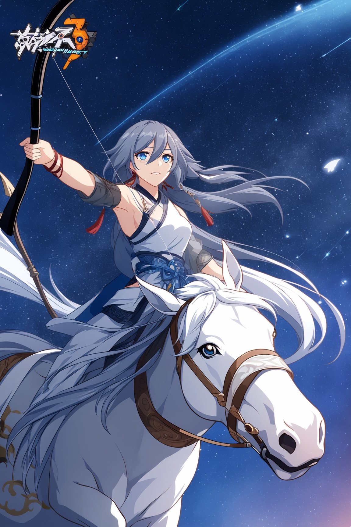 [[fu hua (phoenix)(honkai impact 3rd)]], 4K wallpaper, ((a toxotae from ancient China, riding a white horse and holding bow and arrow.)) Under the starry sky,shooting to the sky,