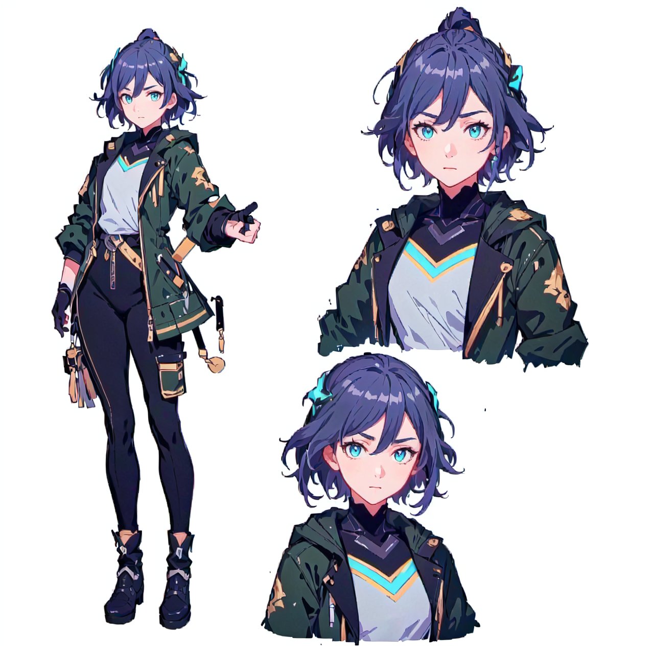 (CharacterSheet:1.2),1girl, muscle_body, strong, asian,30 years_old, fullbody black_bodysuit with green details,casual_wear, gloves, boots, pants, shirt, tecno_jacket, short-hair, blue_eyes, ,multiple views (full_body(front_view, back_view),uper_body(front_view, left_view, right_view)),(white background, simple background:1.2),(dynamic_pose:1.2),(masterpiece:1.2), (best quality, highest quality), (ultra detailed), (8k, 4k, intricate), (50mm), (highly detailed:1.2),(detailed face:1.2), detailed_eyes,(gradients),(ambient light:1.3),(cinematic composition:1.3),(HDR:1),Accent Lighting,extremely detailed,original, highres,(perfect_anatomy:1.2),  perfect_face:1.2, detailed_anatomy, full_body,fu hua,senti
